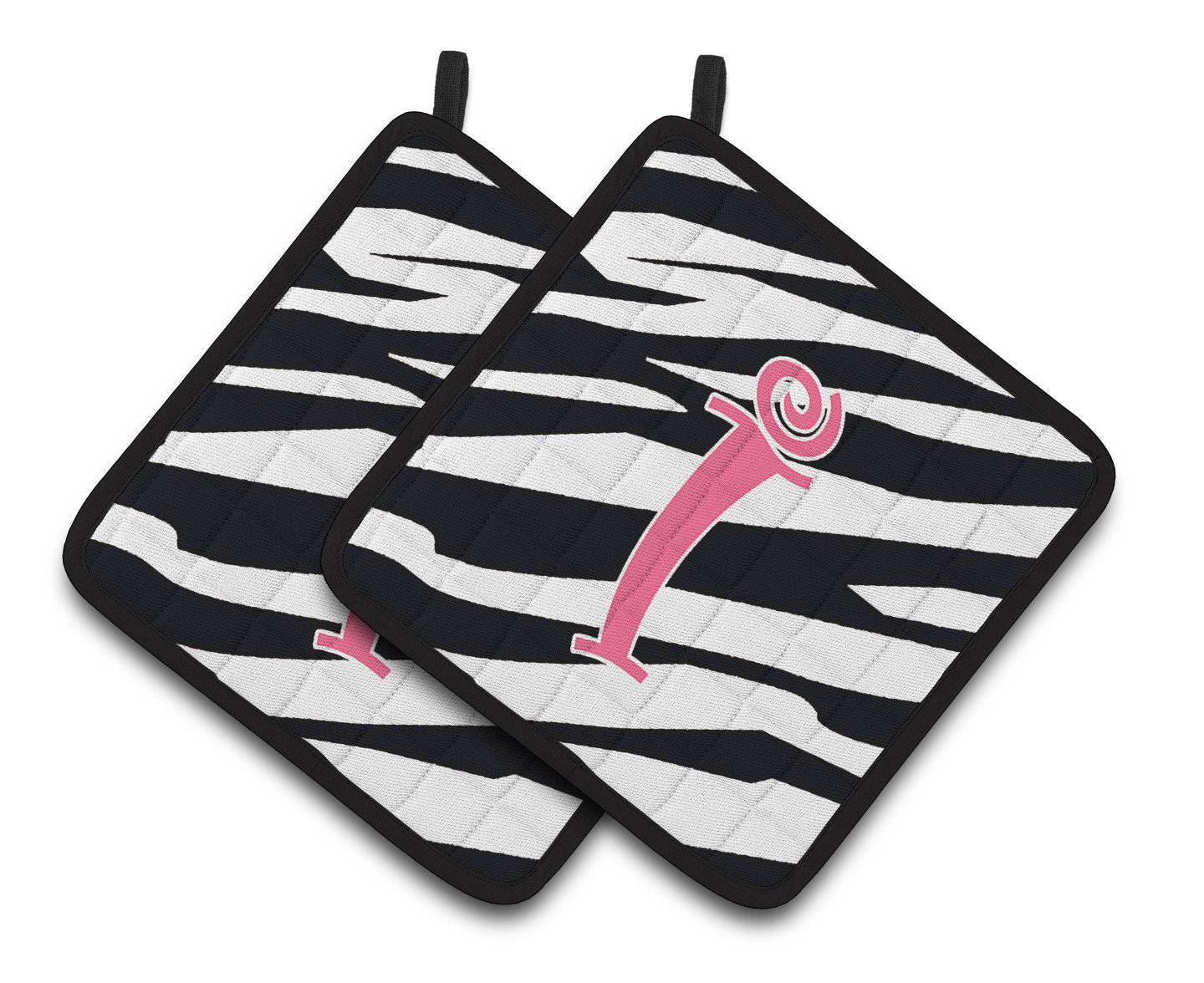 Monogram Initial I Zebra Stripe and Pink  Pair of Pot Holders CJ1037-IPTHD - the-store.com