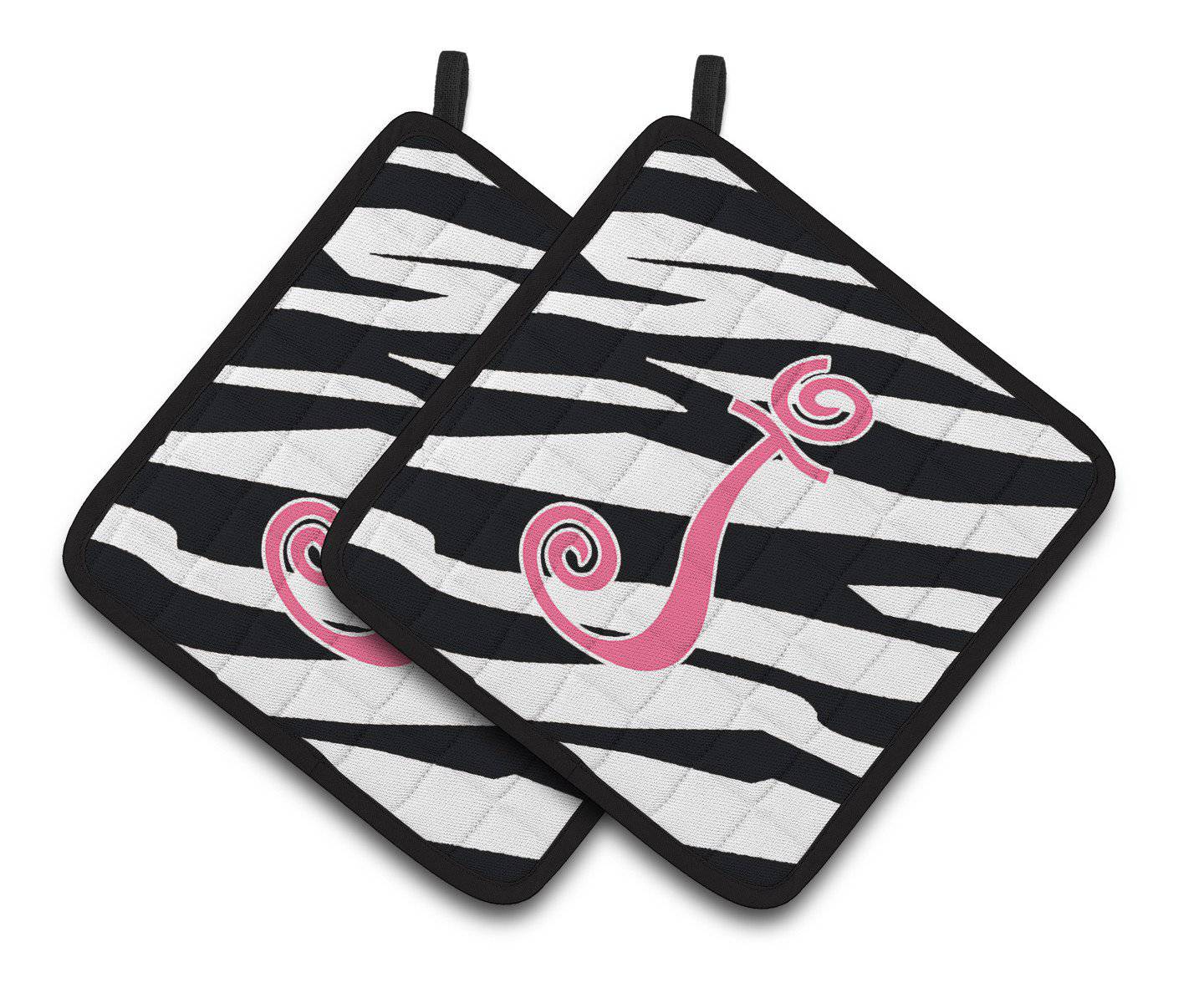 Monogram Initial J Zebra Stripe and Pink  Pair of Pot Holders CJ1037-JPTHD - the-store.com