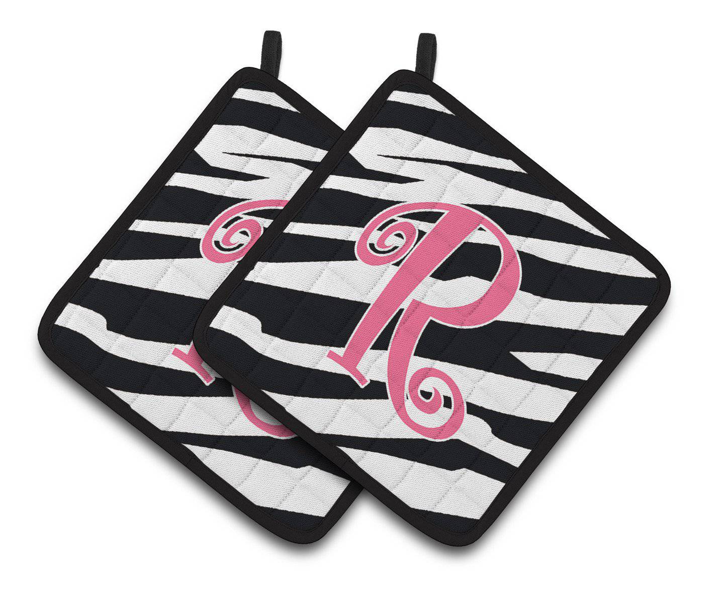 Monogram Initial R Zebra Stripe and Pink  Pair of Pot Holders CJ1037-RPTHD - the-store.com