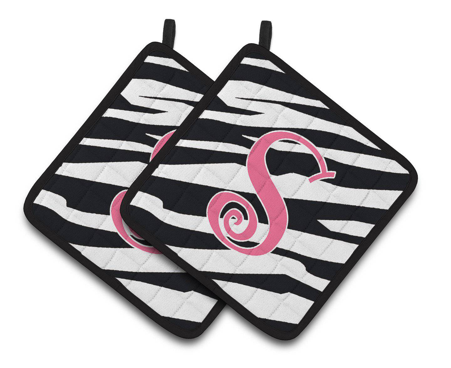 Monogram Initial S Zebra Stripe and Pink  Pair of Pot Holders CJ1037-SPTHD - the-store.com