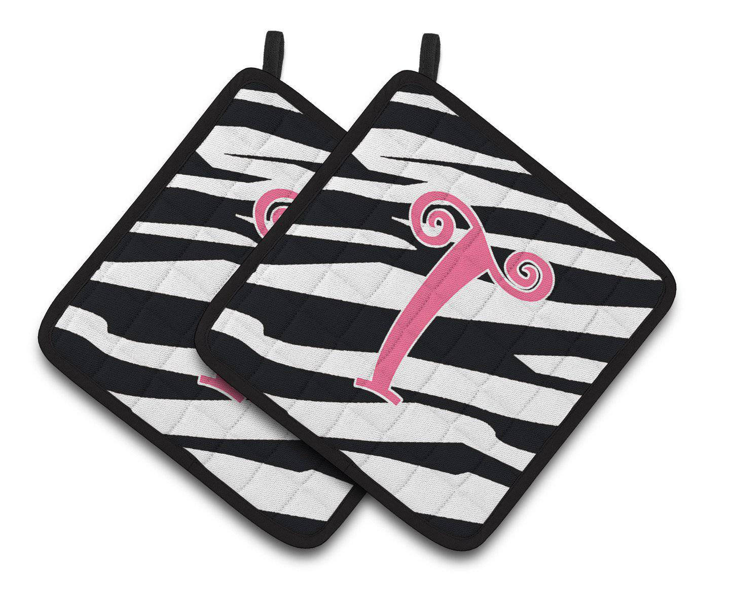 Monogram Initial T Zebra Stripe and Pink  Pair of Pot Holders CJ1037-TPTHD - the-store.com