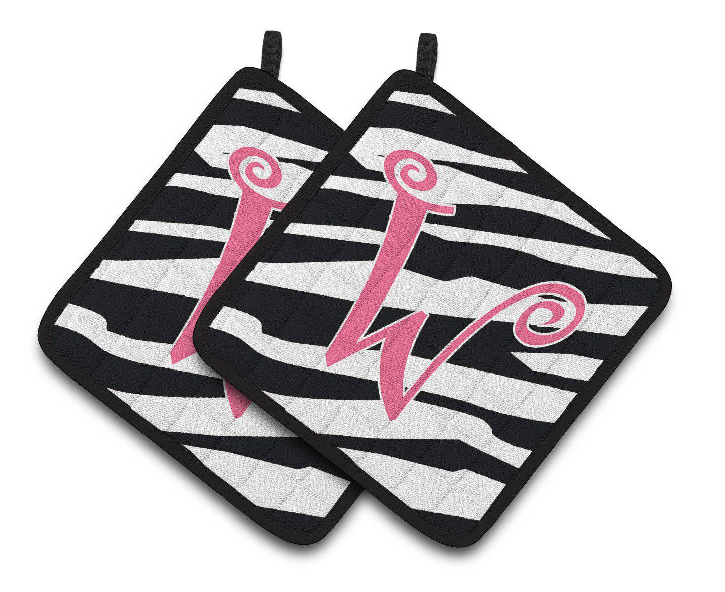 Monogram Initial W Zebra Stripe and Pink  Pair of Pot Holders CJ1037-WPTHD - the-store.com
