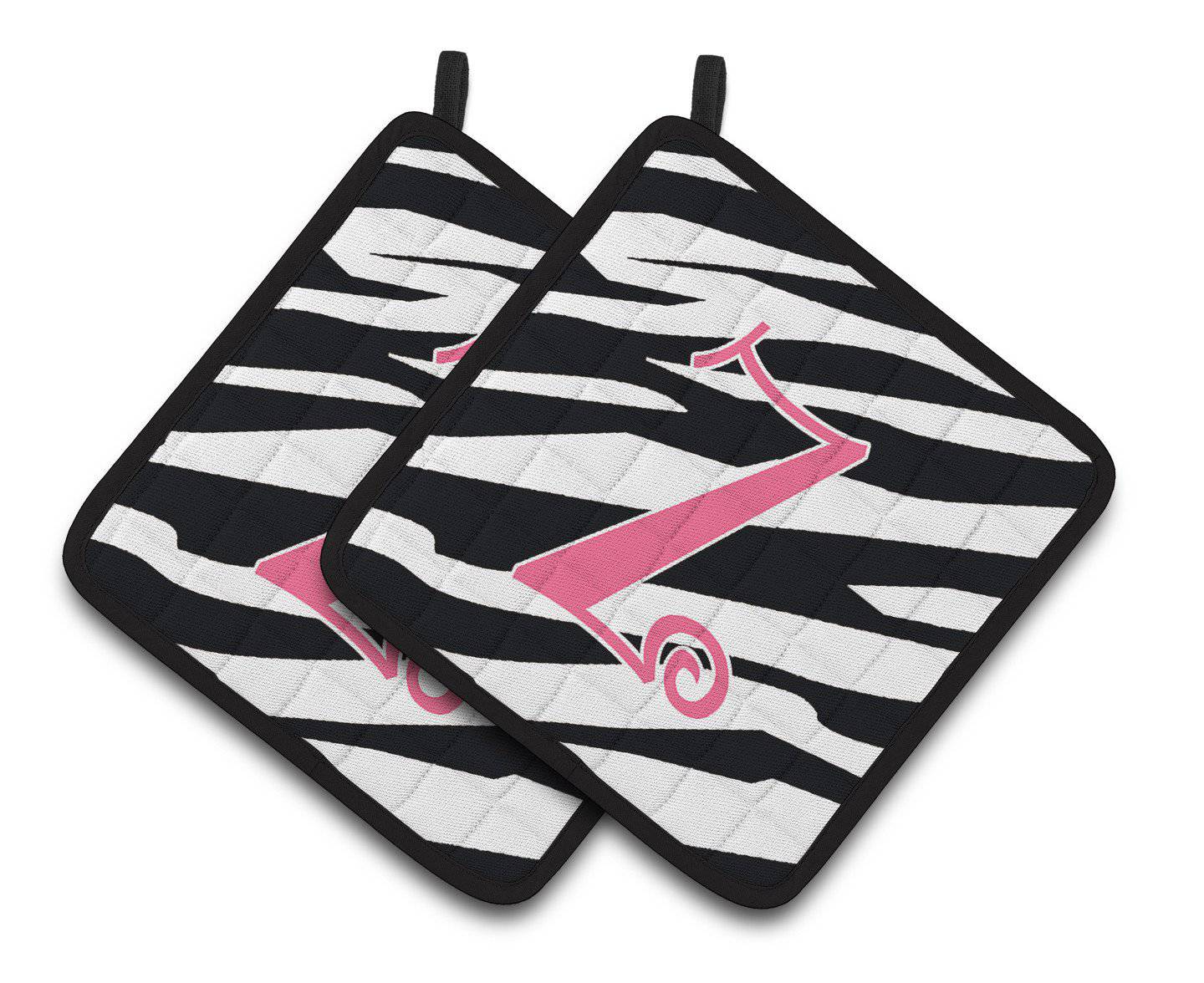 Monogram Initial Z Zebra Stripe and Pink  Pair of Pot Holders CJ1037-ZPTHD - the-store.com