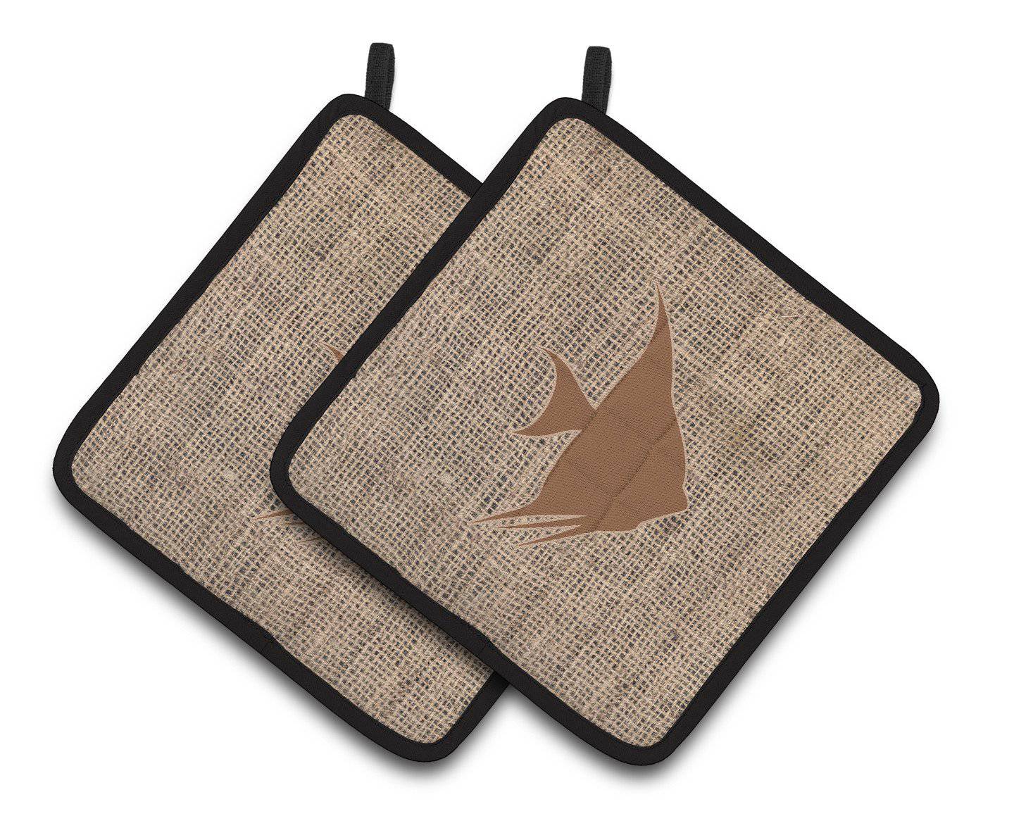 Fish - Angel Fish Faux Burlap and Brown   Pair of Pot Holders BB1022-BL-BN-PTHD - the-store.com