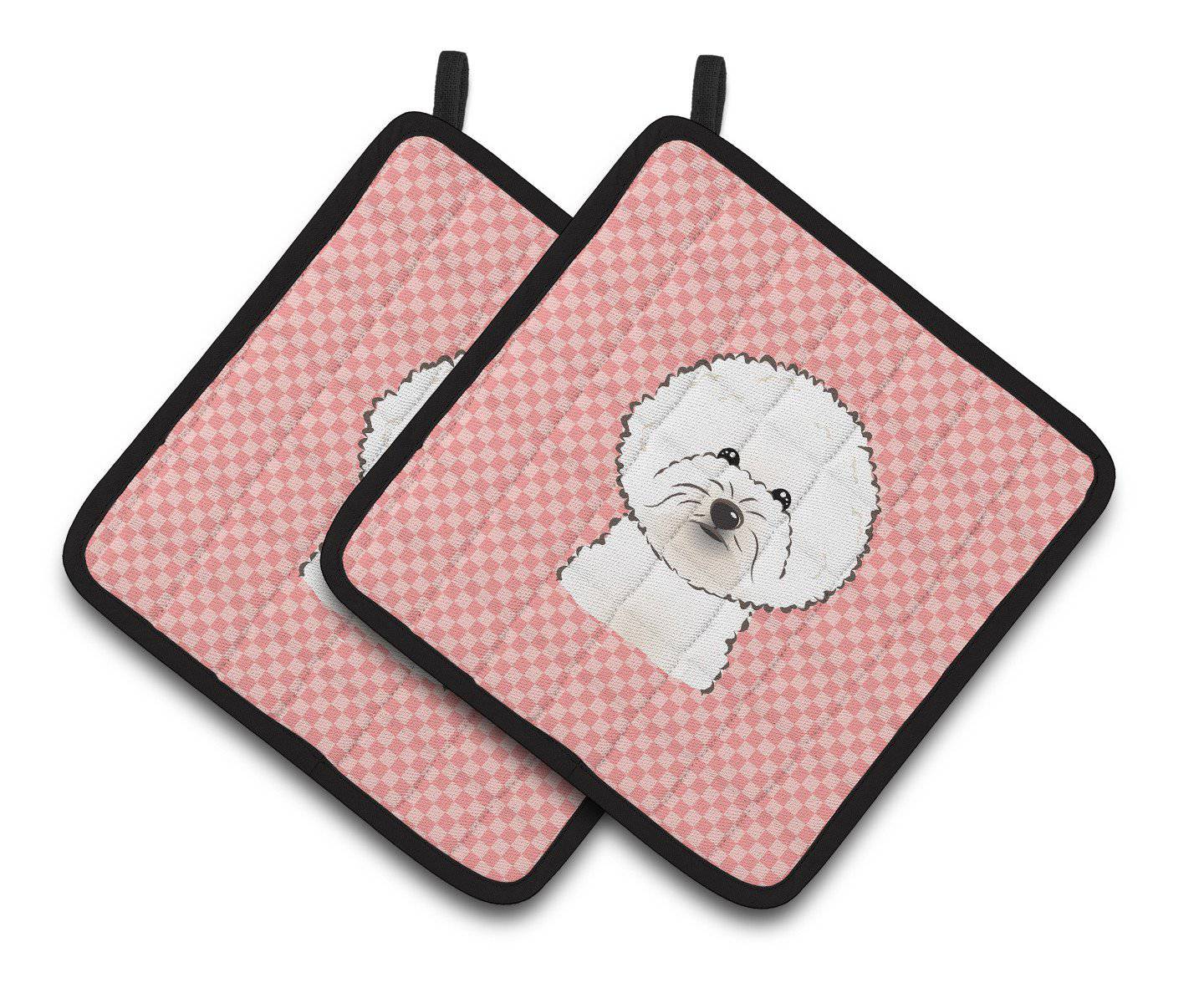 Checkerboard Pink Bichon Frise Pair of Pot Holders BB1217PTHD - the-store.com