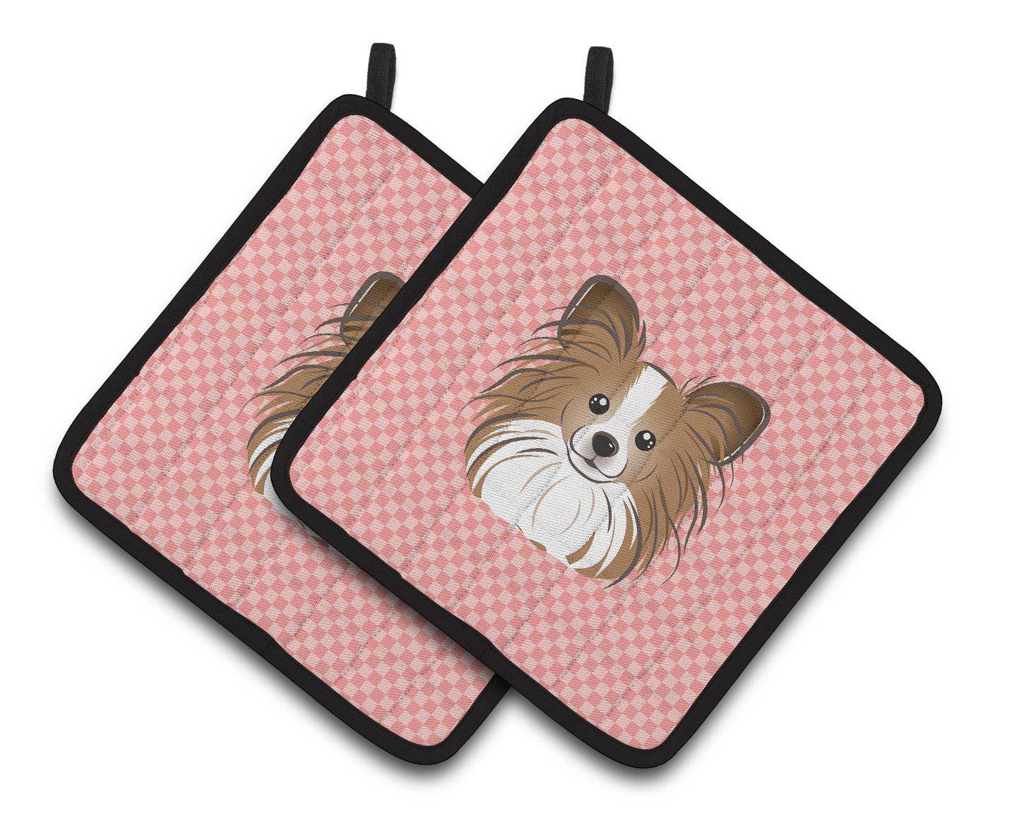 Checkerboard Pink Papillon Pair of Pot Holders BB1248PTHD - the-store.com