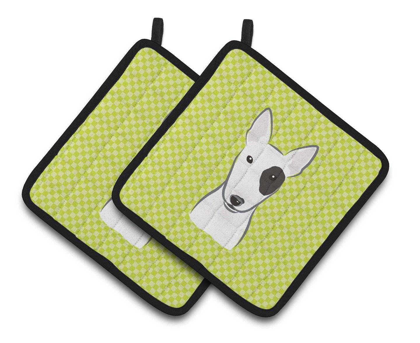Checkerboard Lime Green Bull Terrier Pair of Pot Holders BB1271PTHD - the-store.com