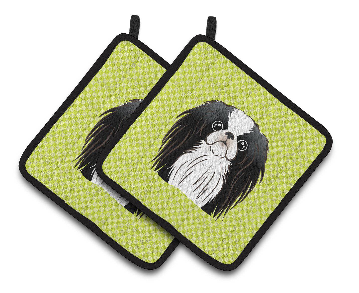 Checkerboard Lime Green Japanese Chin Pair of Pot Holders BB1292PTHD - the-store.com