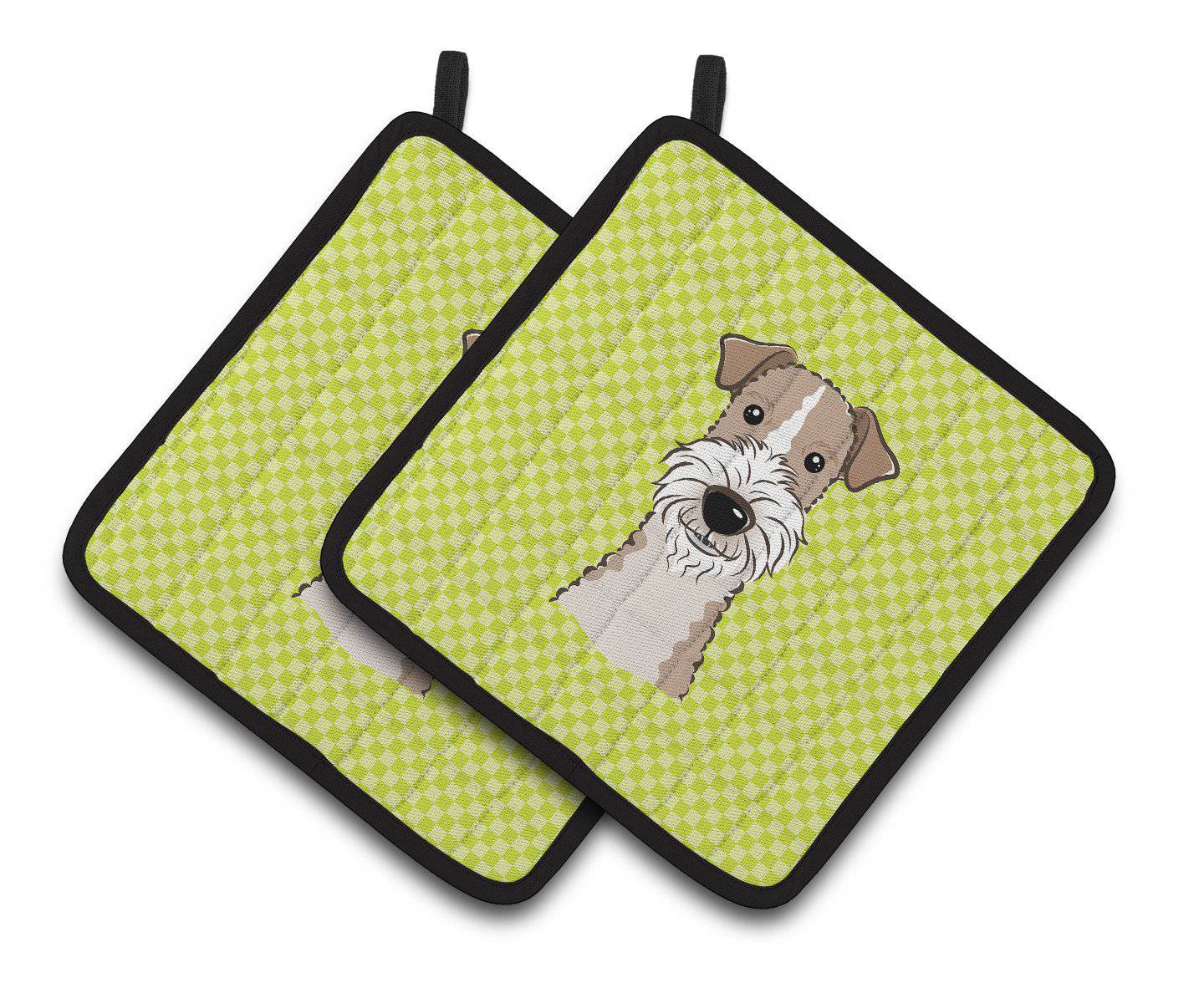 Checkerboard Lime Green Wire Haired Fox Terrier Pair of Pot Holders BB1309PTHD - the-store.com