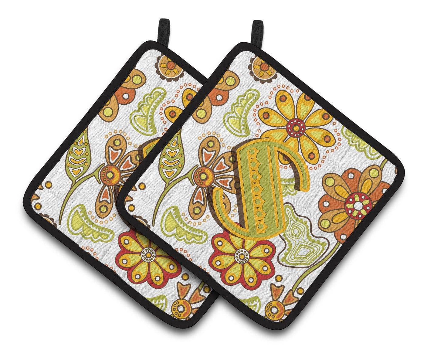 Letter S Floral Mustard and Green Pair of Pot Holders CJ2003-SPTHD - the-store.com