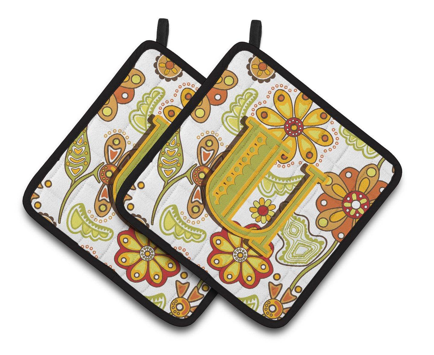 Letter U Floral Mustard and Green Pair of Pot Holders CJ2003-UPTHD - the-store.com