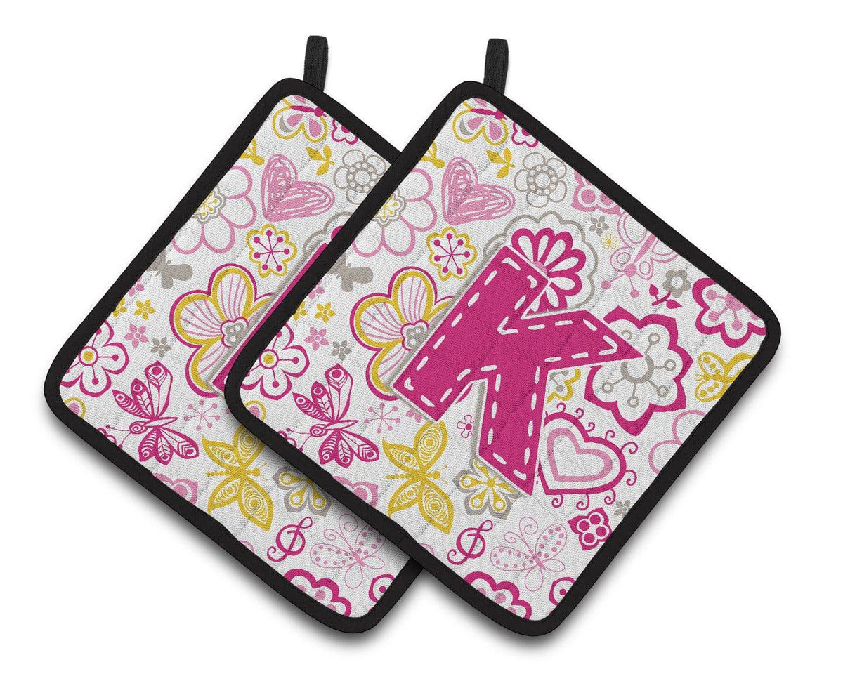 Letter K Flowers and Butterflies Pink Pair of Pot Holders CJ2005-KPTHD - the-store.com