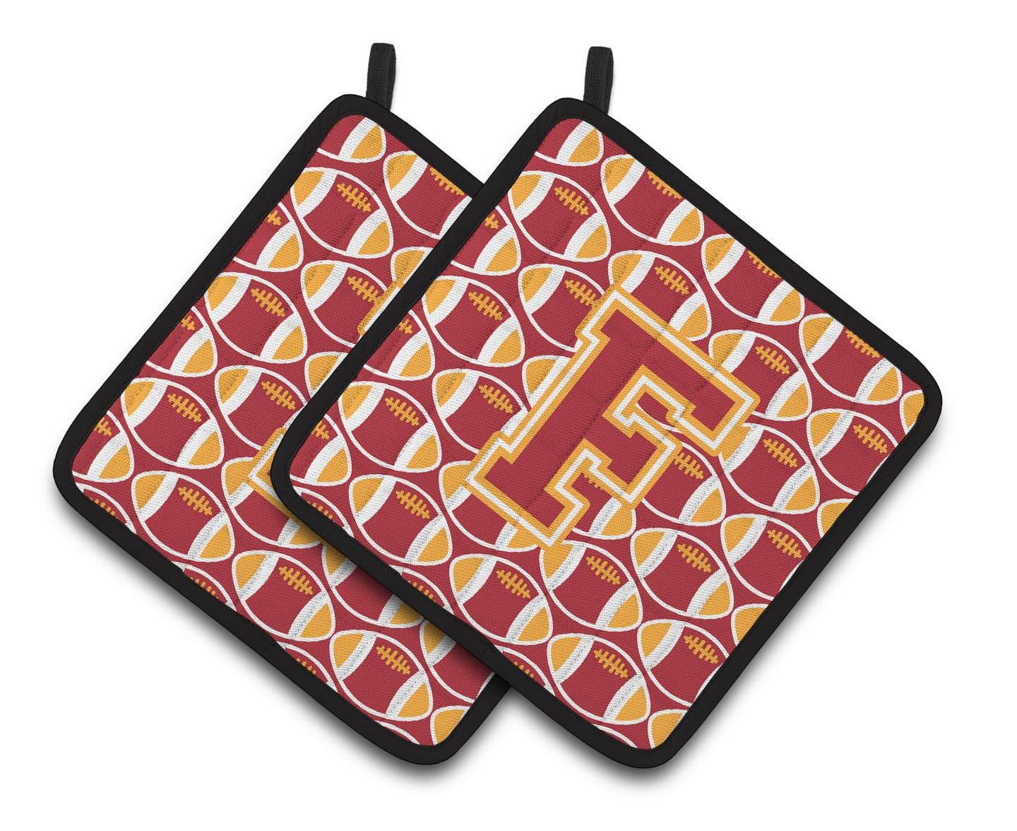 Letter F Football Cardinal and Gold Pair of Pot Holders CJ1070-FPTHD - the-store.com
