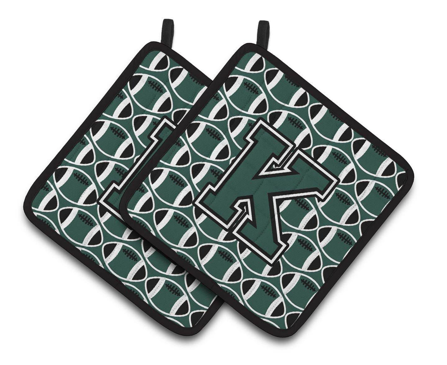 Letter K Football Green and White Pair of Pot Holders CJ1071-KPTHD - the-store.com
