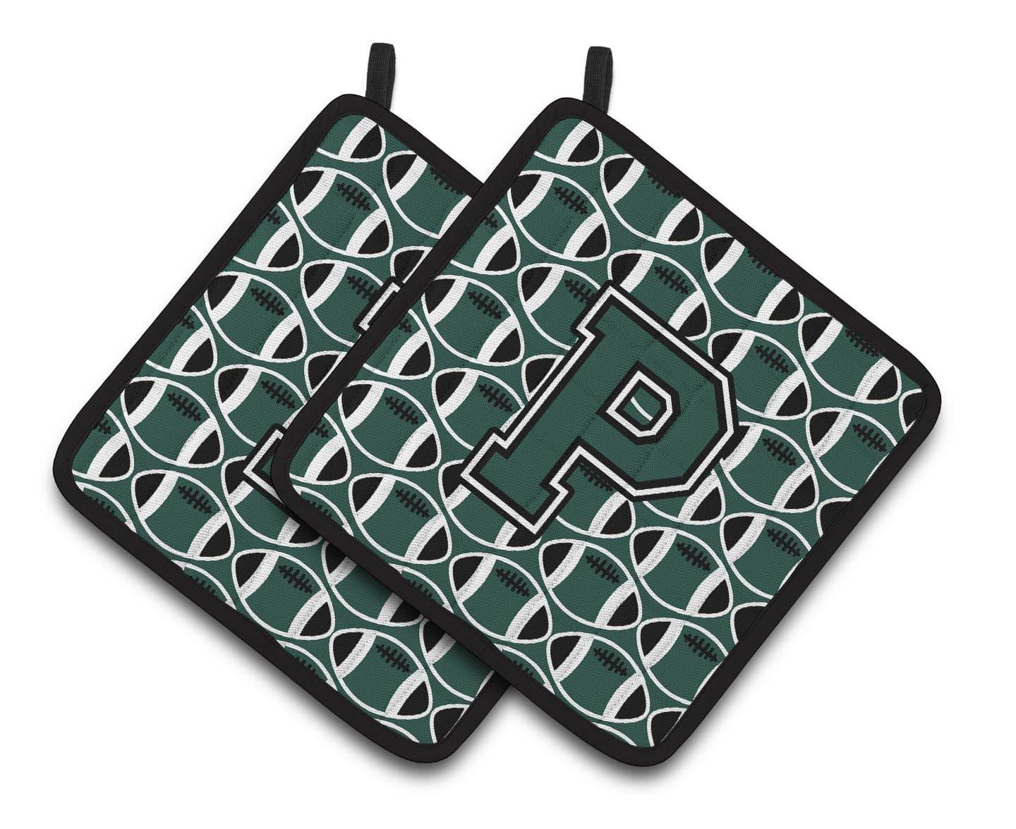 Letter P Football Green and White Pair of Pot Holders CJ1071-PPTHD - the-store.com