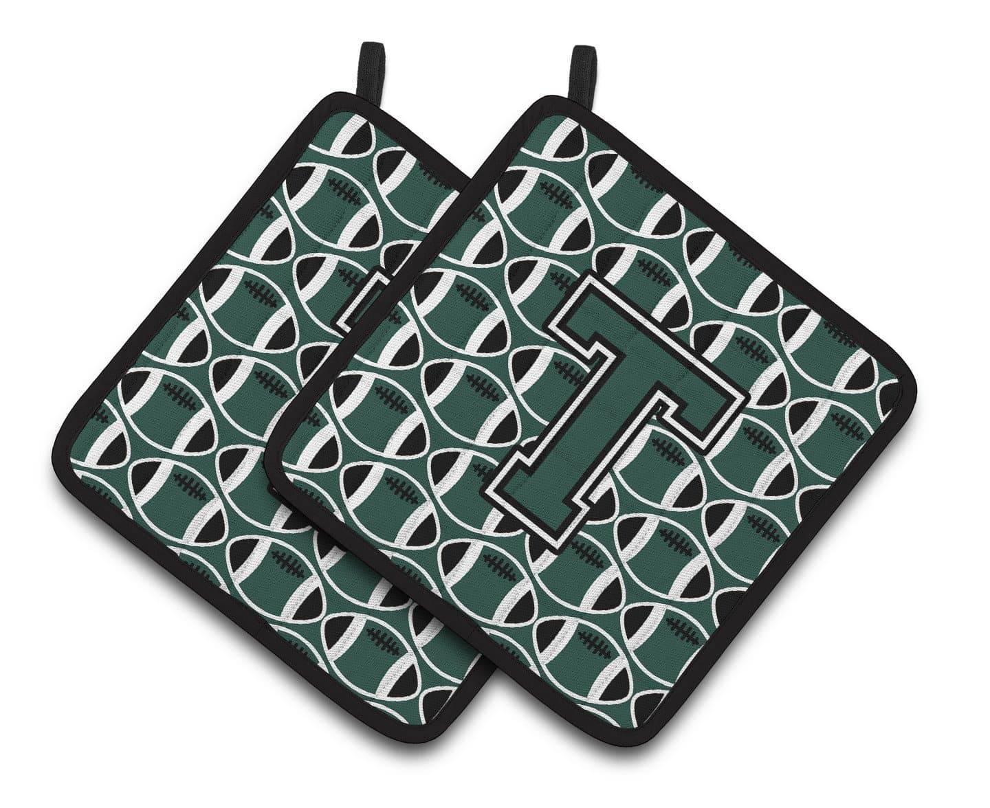 Letter T Football Green and White Pair of Pot Holders CJ1071-TPTHD - the-store.com