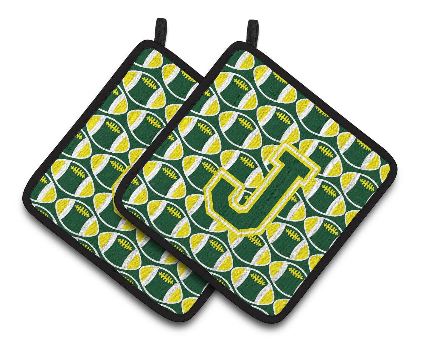 Letter J Football Green and Yellow Pair of Pot Holders CJ1075-JPTHD - the-store.com