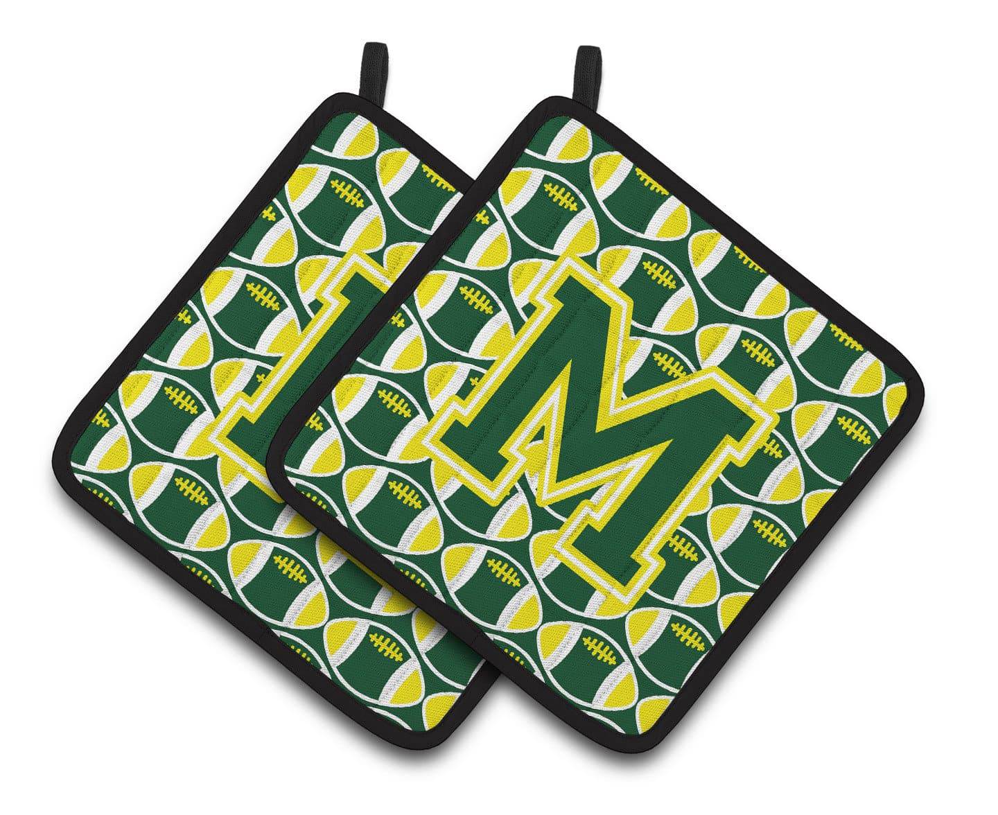 Letter M Football Green and Yellow Pair of Pot Holders CJ1075-MPTHD - the-store.com