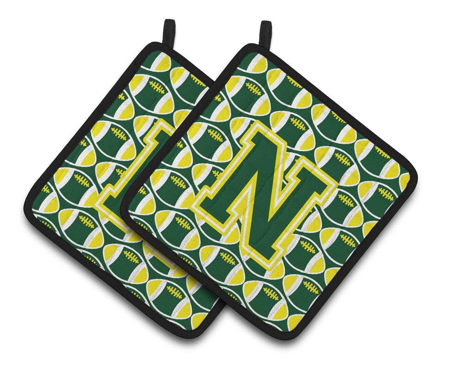 Letter N Football Green and Yellow Pair of Pot Holders CJ1075-NPTHD - the-store.com