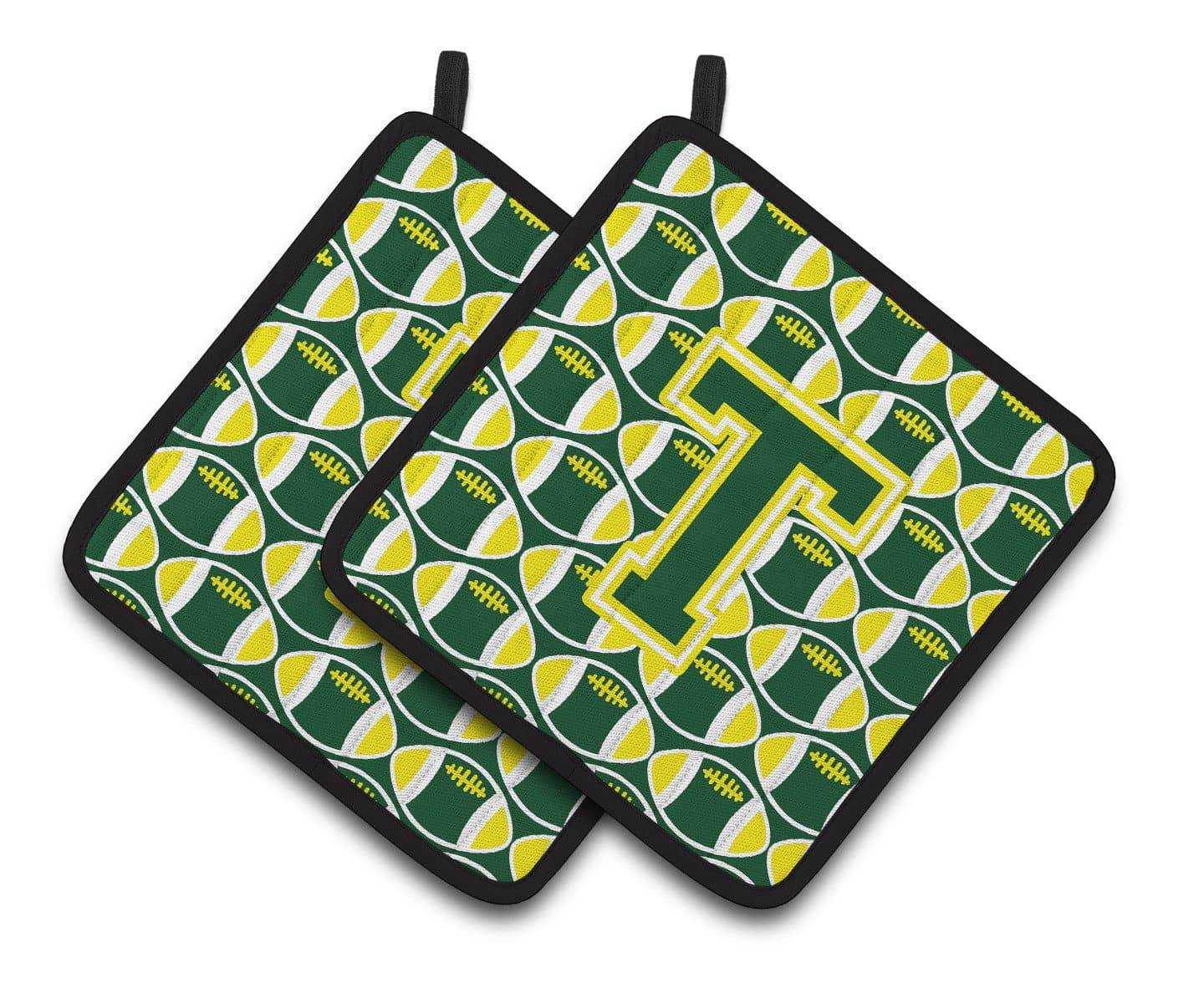 Letter T Football Green and Yellow Pair of Pot Holders CJ1075-TPTHD - the-store.com