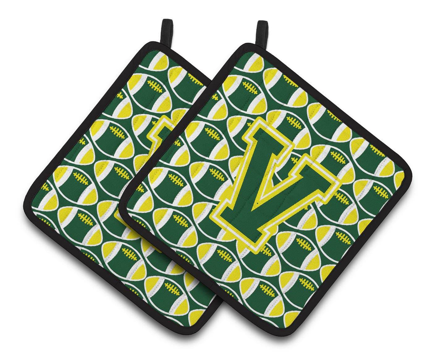 Letter V Football Green and Yellow Pair of Pot Holders CJ1075-VPTHD - the-store.com