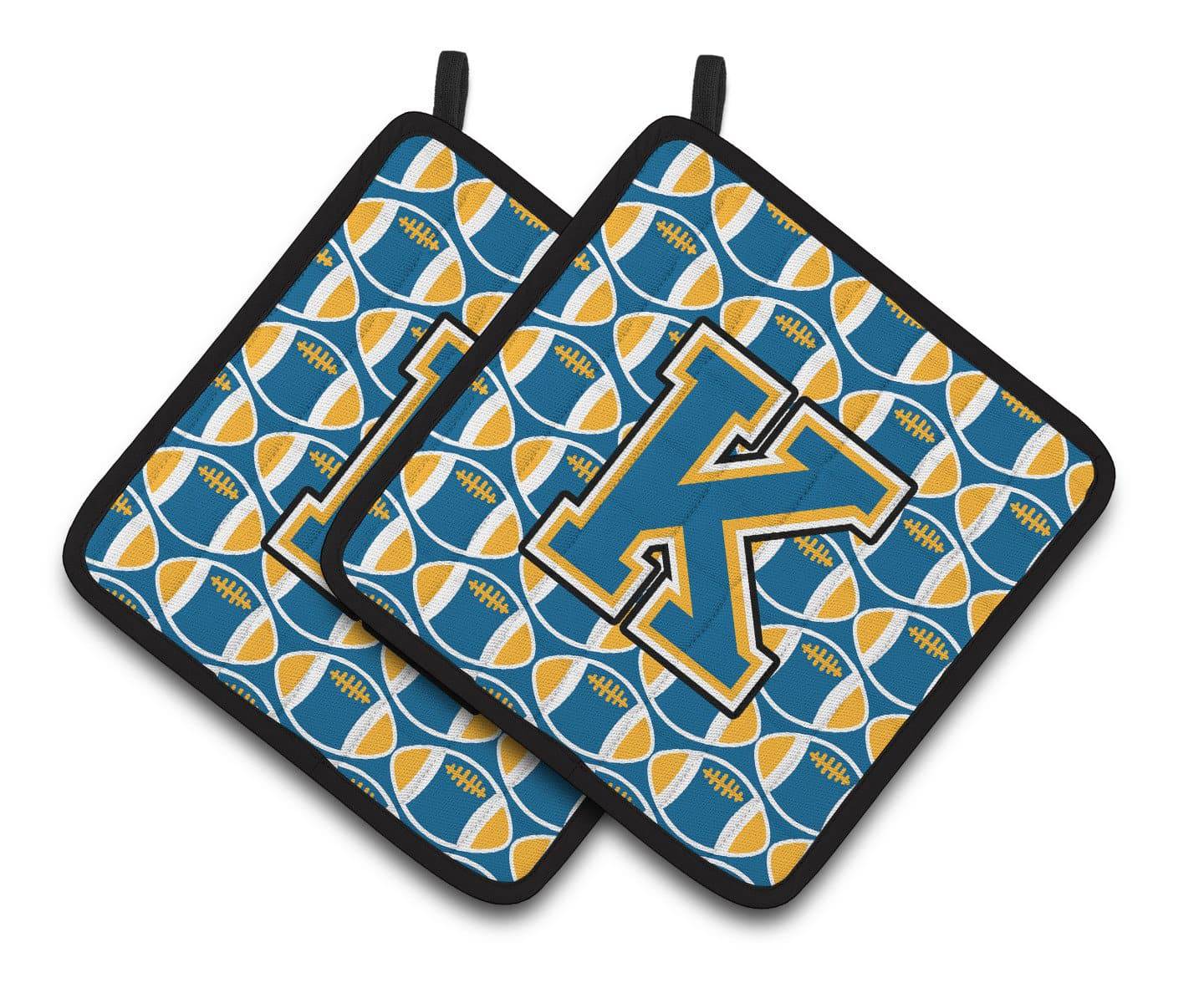 Letter K Football Blue and Gold Pair of Pot Holders CJ1077-KPTHD - the-store.com