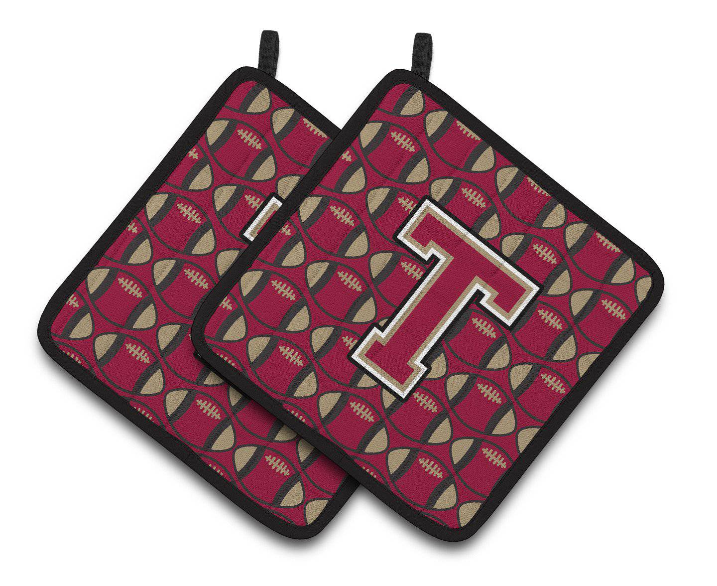 Letter T Football Garnet and Gold Pair of Pot Holders CJ1078-TPTHD - the-store.com
