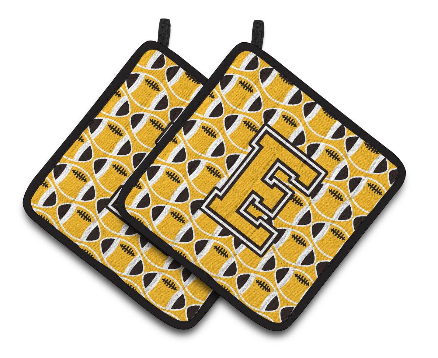 "Letter E Football Black, Old Gold and White Pair of Pot Holders CJ1080-EPTHD" - the-store.com