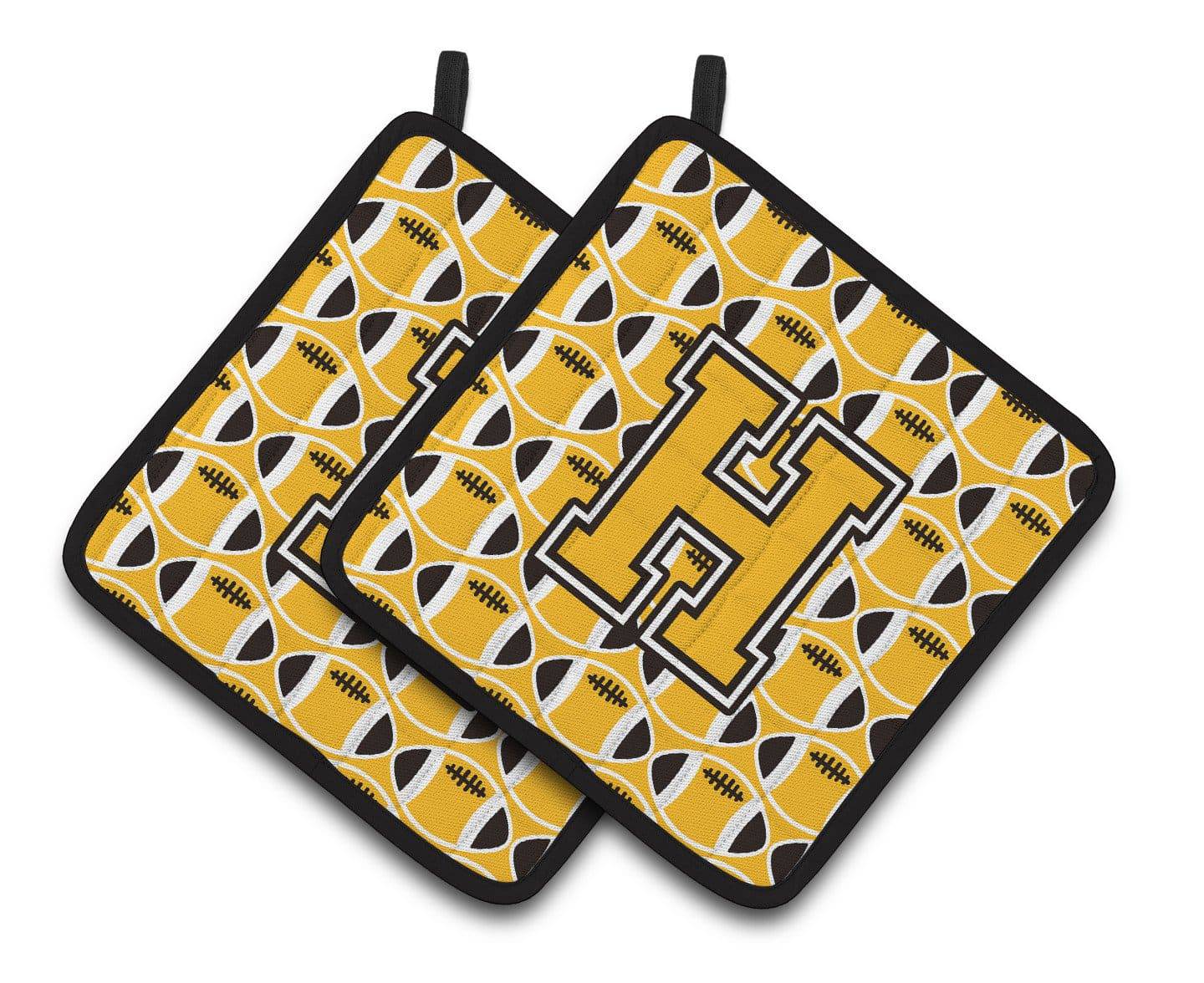"Letter H Football Black, Old Gold and White Pair of Pot Holders CJ1080-HPTHD" - the-store.com