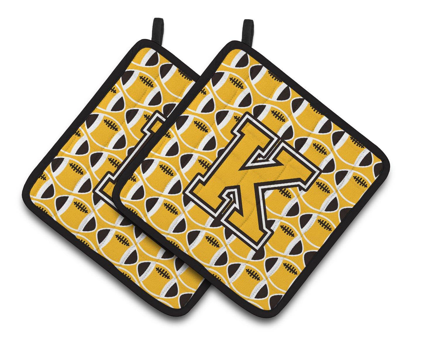 "Letter K Football Black, Old Gold and White Pair of Pot Holders CJ1080-KPTHD" - the-store.com