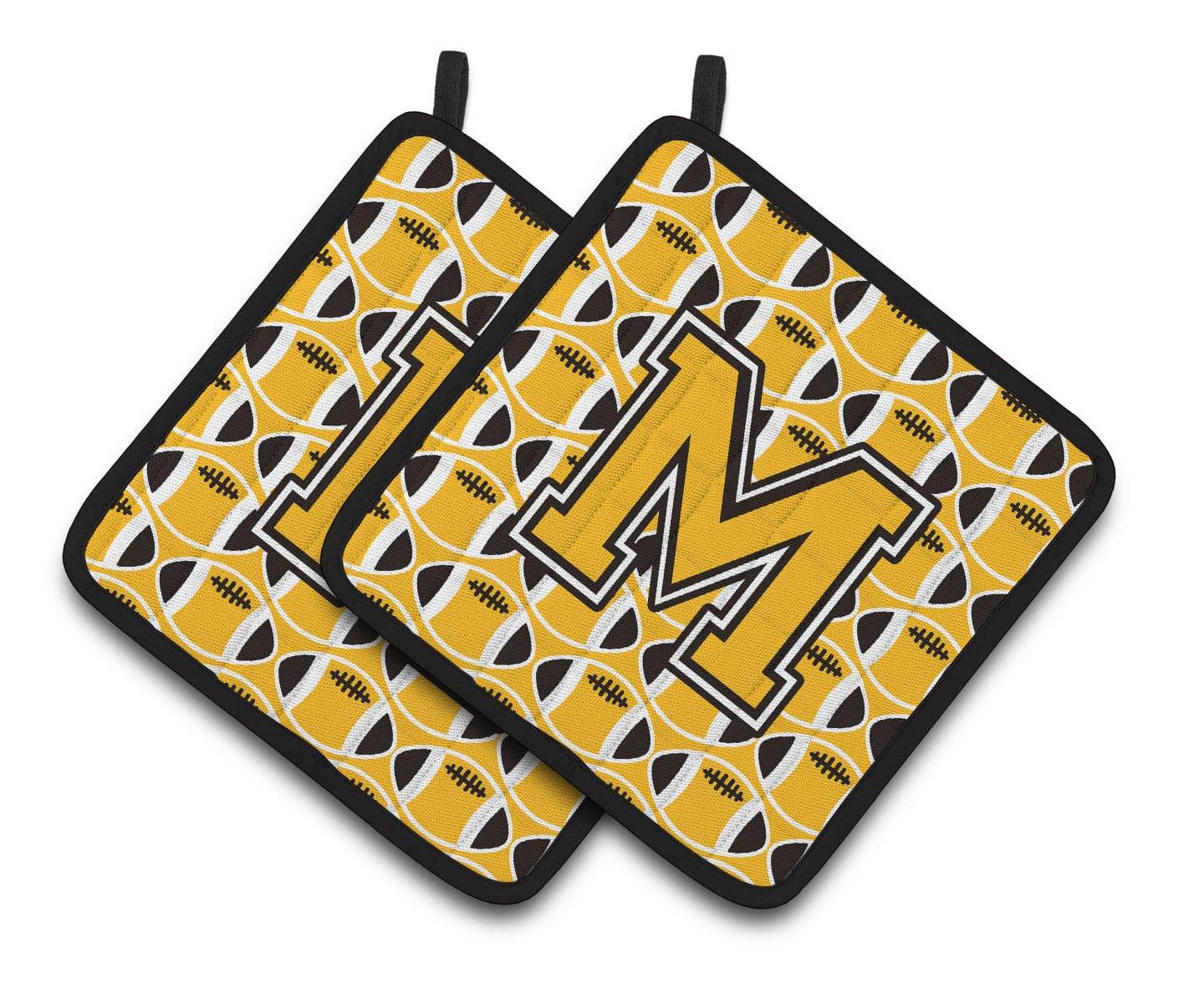 "Letter M Football Black, Old Gold and White Pair of Pot Holders CJ1080-MPTHD" - the-store.com
