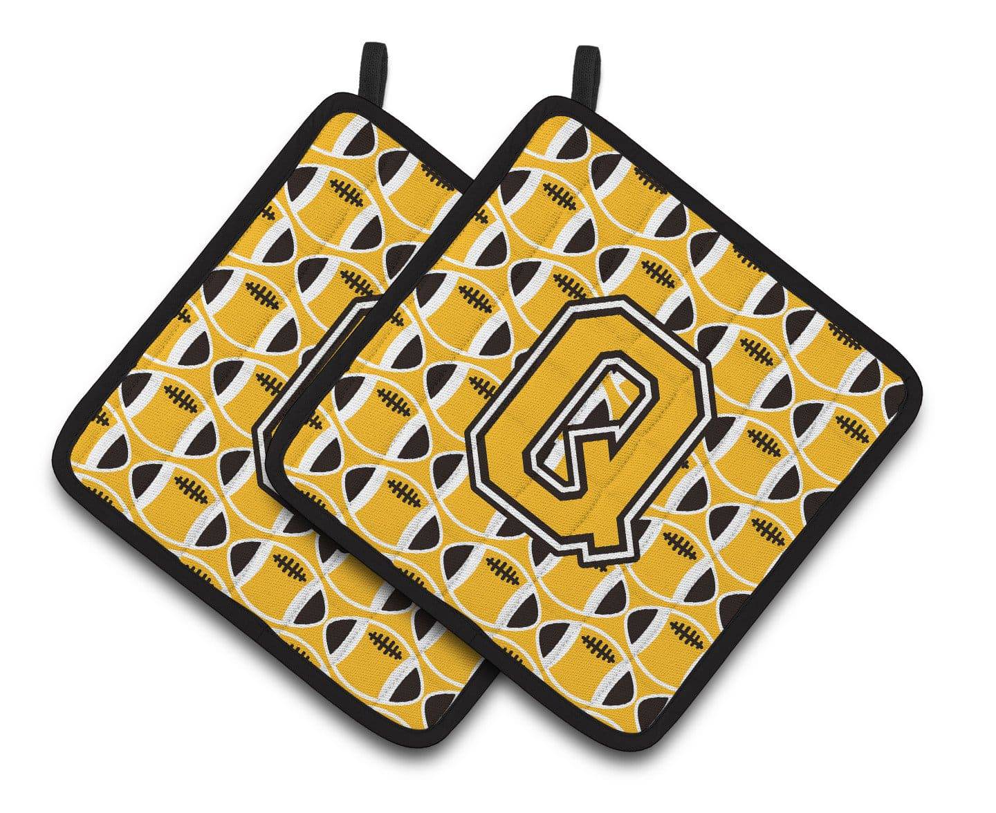 "Letter Q Football Black, Old Gold and White Pair of Pot Holders CJ1080-QPTHD" - the-store.com