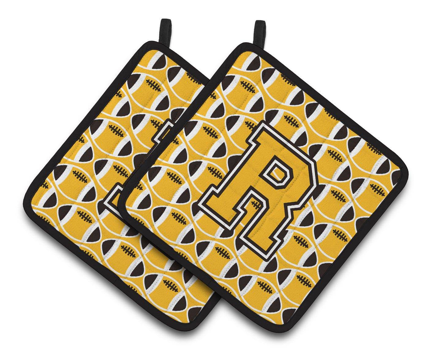 "Letter R Football Black, Old Gold and White Pair of Pot Holders CJ1080-RPTHD" - the-store.com