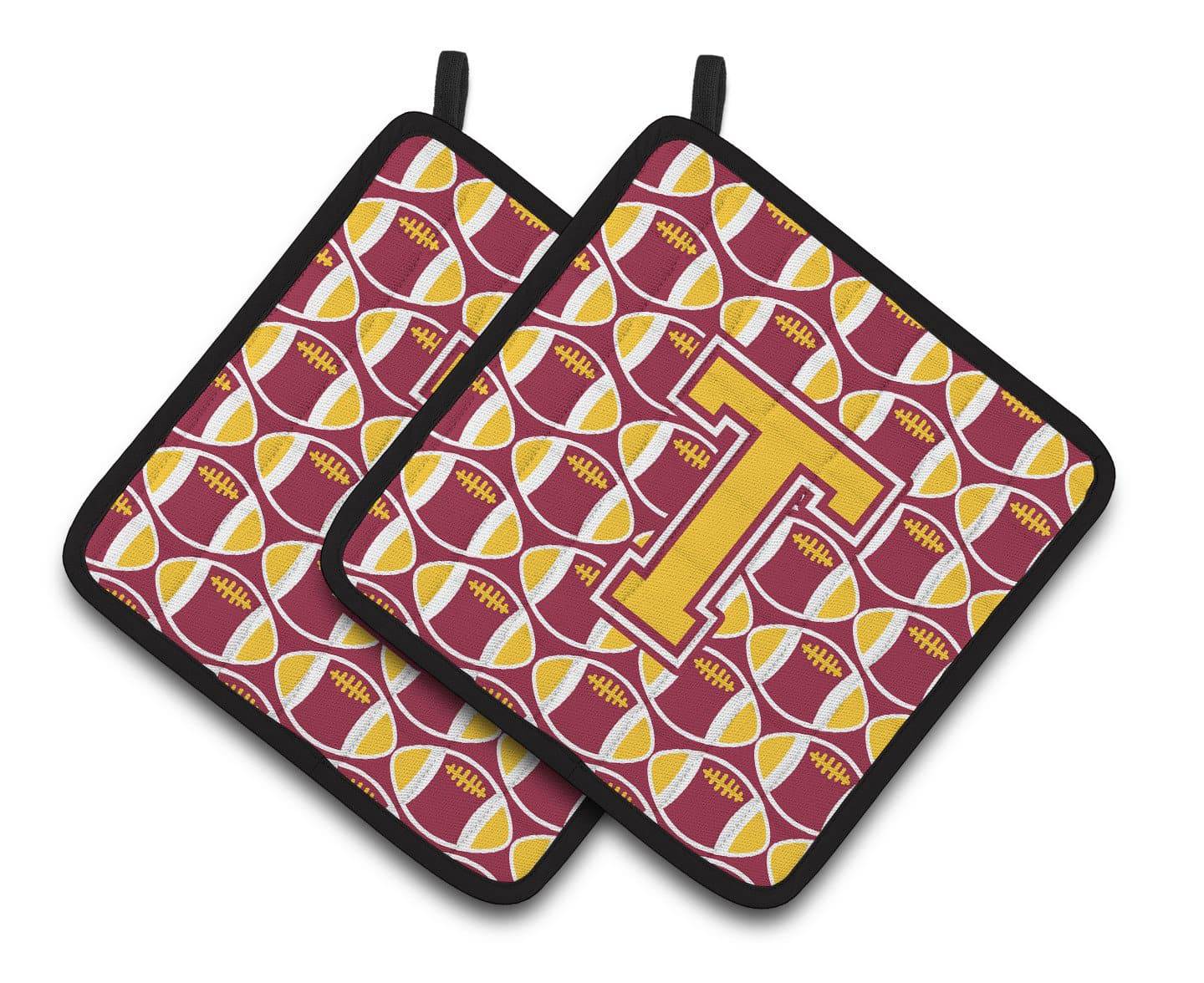Letter T Football Maroon and Gold Pair of Pot Holders CJ1081-TPTHD - the-store.com