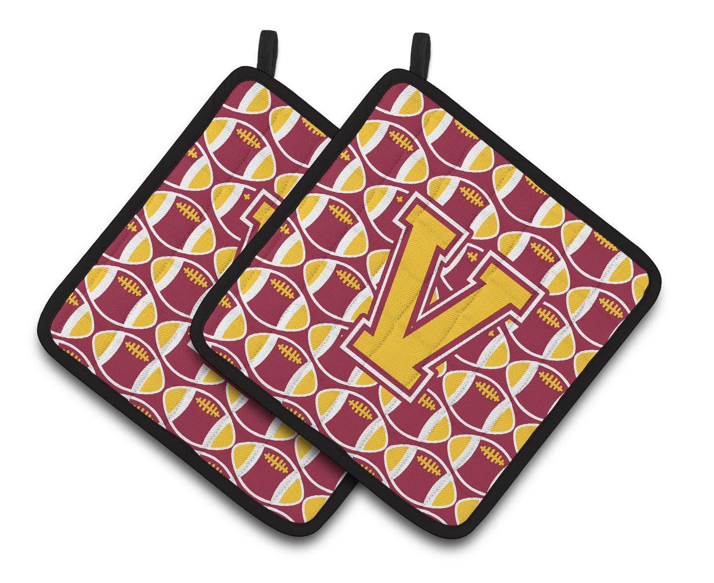 Letter V Football Maroon and Gold Pair of Pot Holders CJ1081-VPTHD - the-store.com