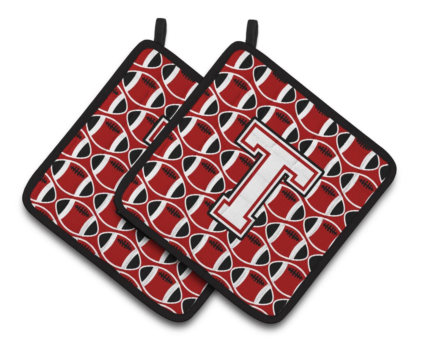 Letter T Football Cardinal and White Pair of Pot Holders CJ1082-TPTHD - the-store.com