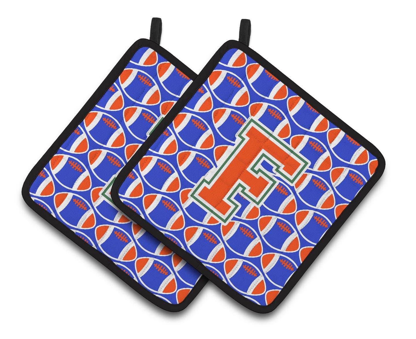 "Letter F Football Green, Blue and Orange Pair of Pot Holders CJ1083-FPTHD" - the-store.com