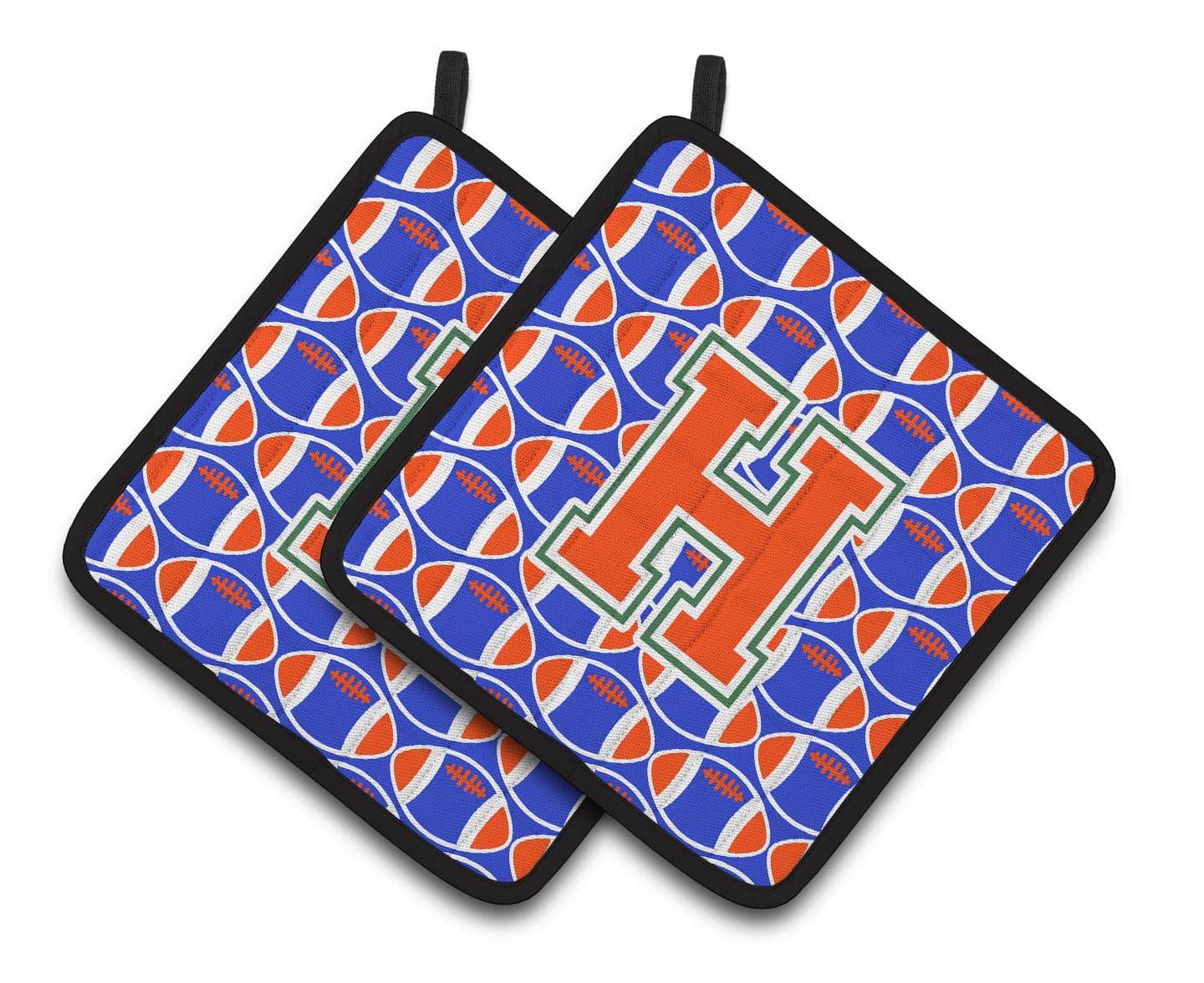 "Letter H Football Green, Blue and Orange Pair of Pot Holders CJ1083-HPTHD" - the-store.com