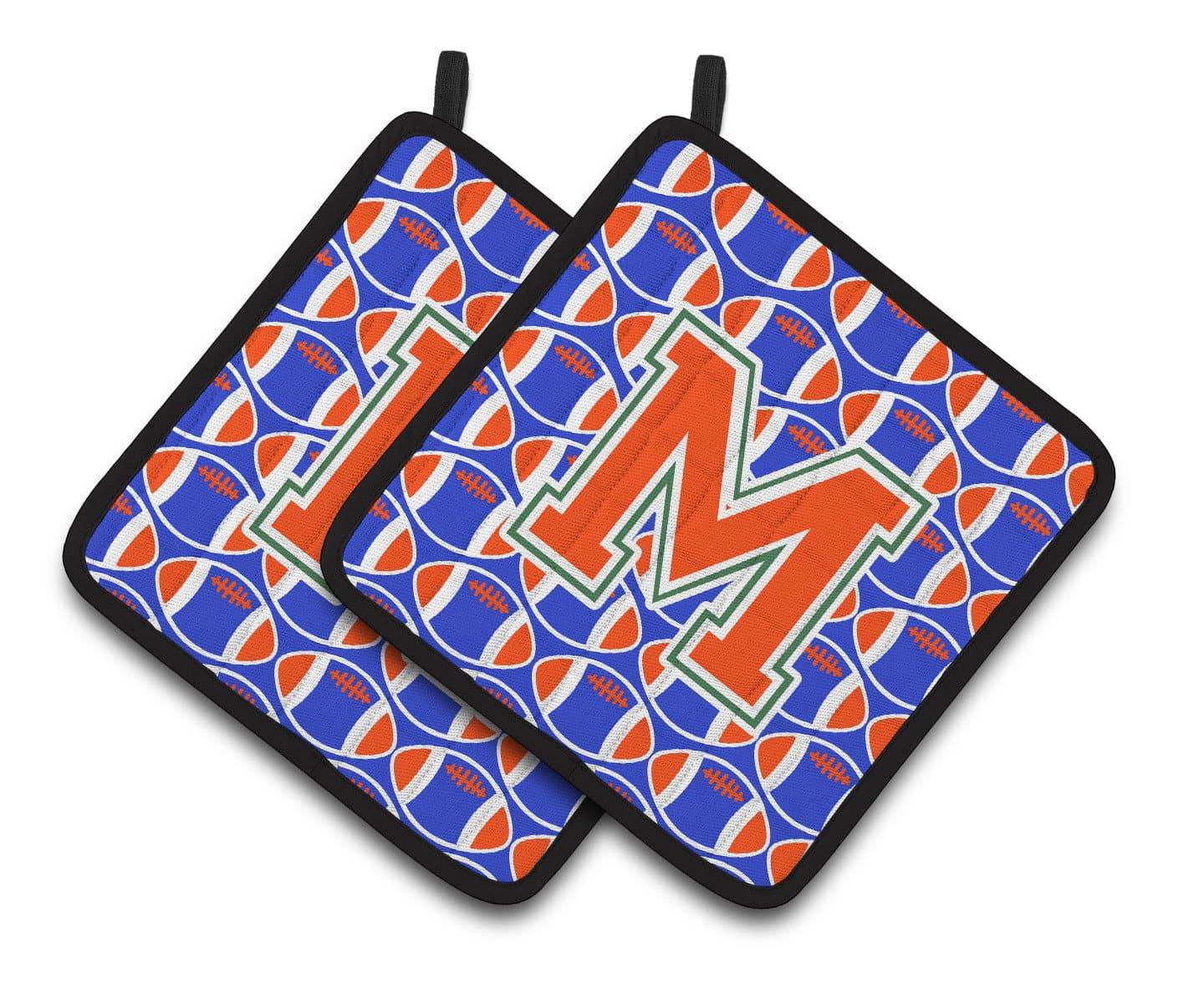 Letter M Football Green, Blue and Orange Pair of Pot Holders CJ1083-MPTHD - the-store.com