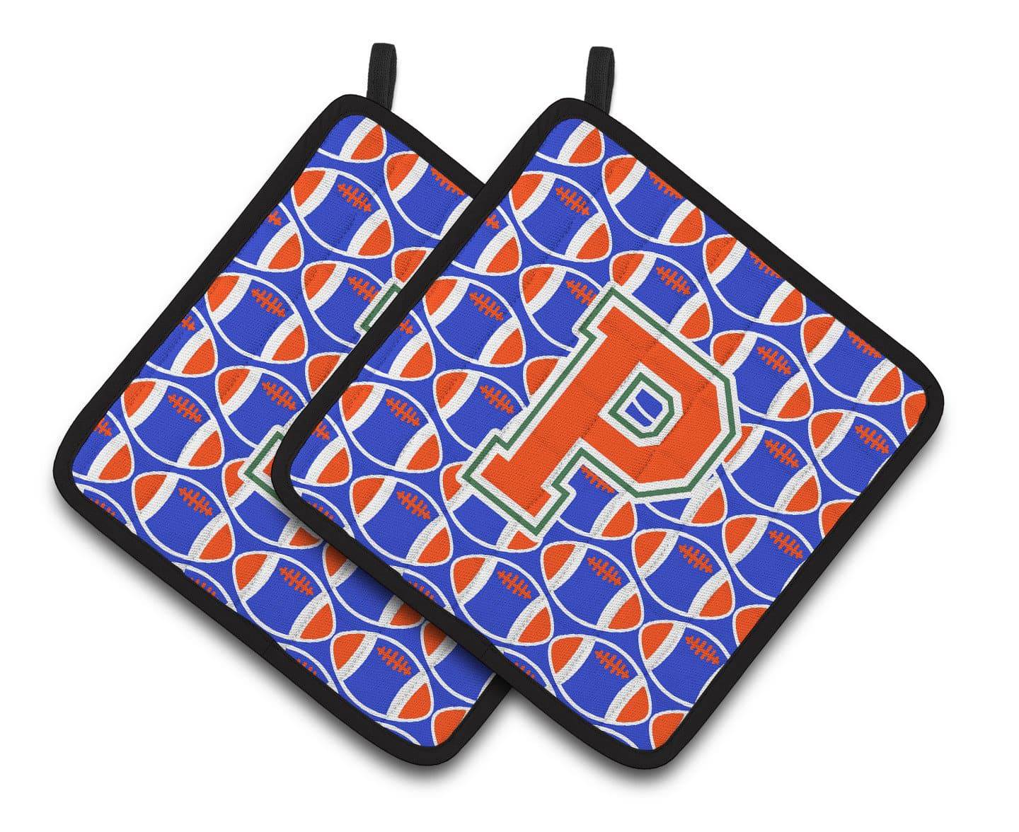 "Letter P Football Green, Blue and Orange Pair of Pot Holders CJ1083-PPTHD" - the-store.com