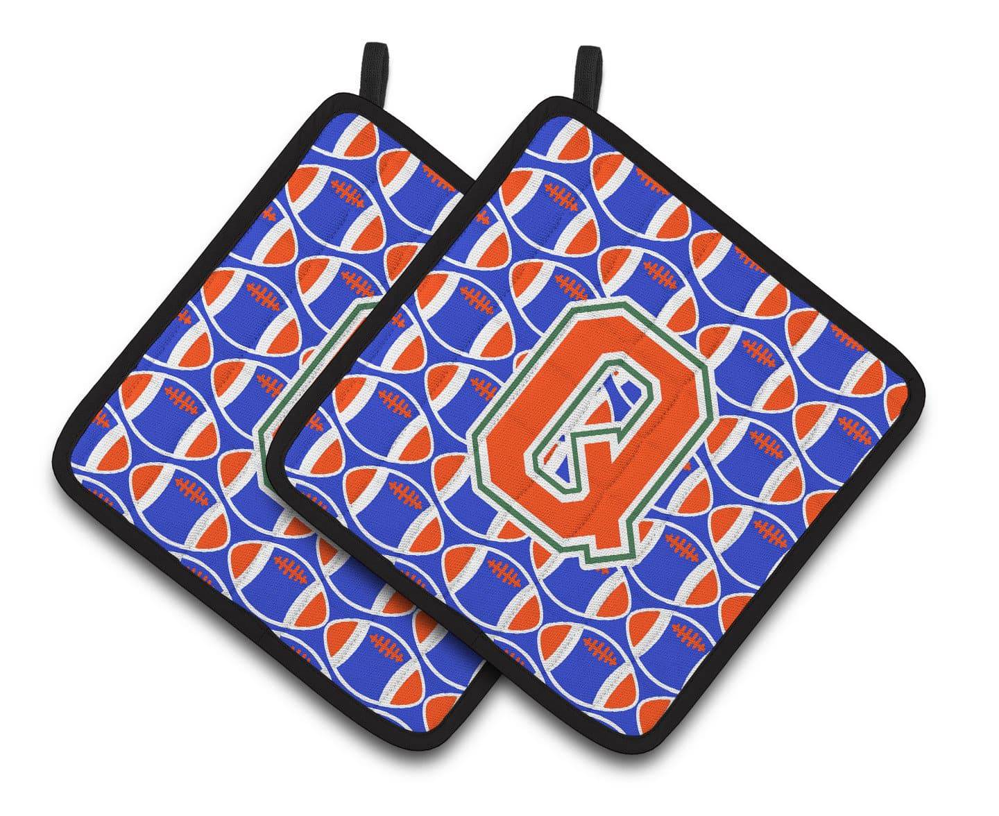 "Letter Q Football Green, Blue and Orange Pair of Pot Holders CJ1083-QPTHD" - the-store.com