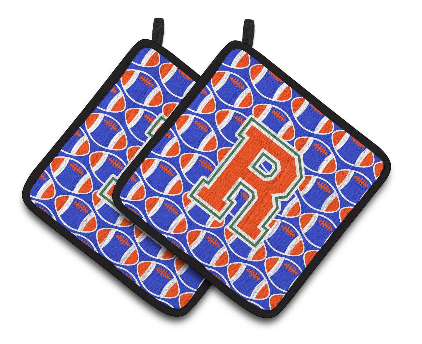 "Letter R Football Green, Blue and Orange Pair of Pot Holders CJ1083-RPTHD" - the-store.com