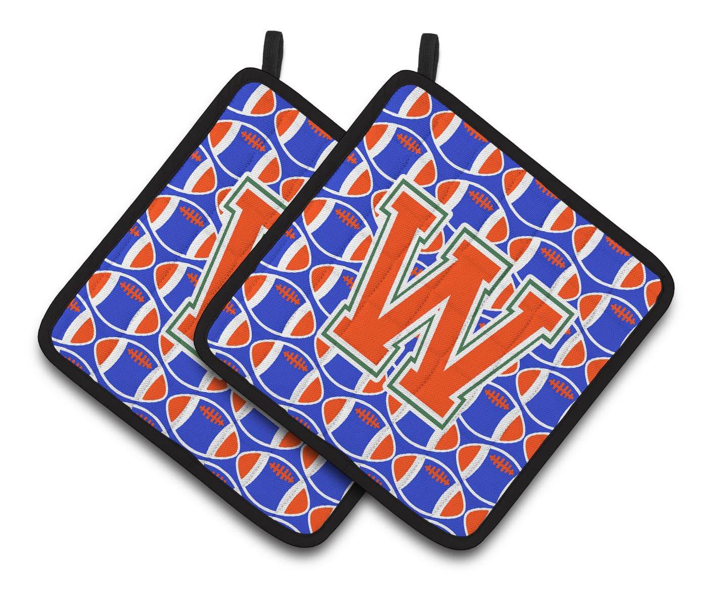 "Letter W Football Green, Blue and Orange Pair of Pot Holders CJ1083-WPTHD" - the-store.com