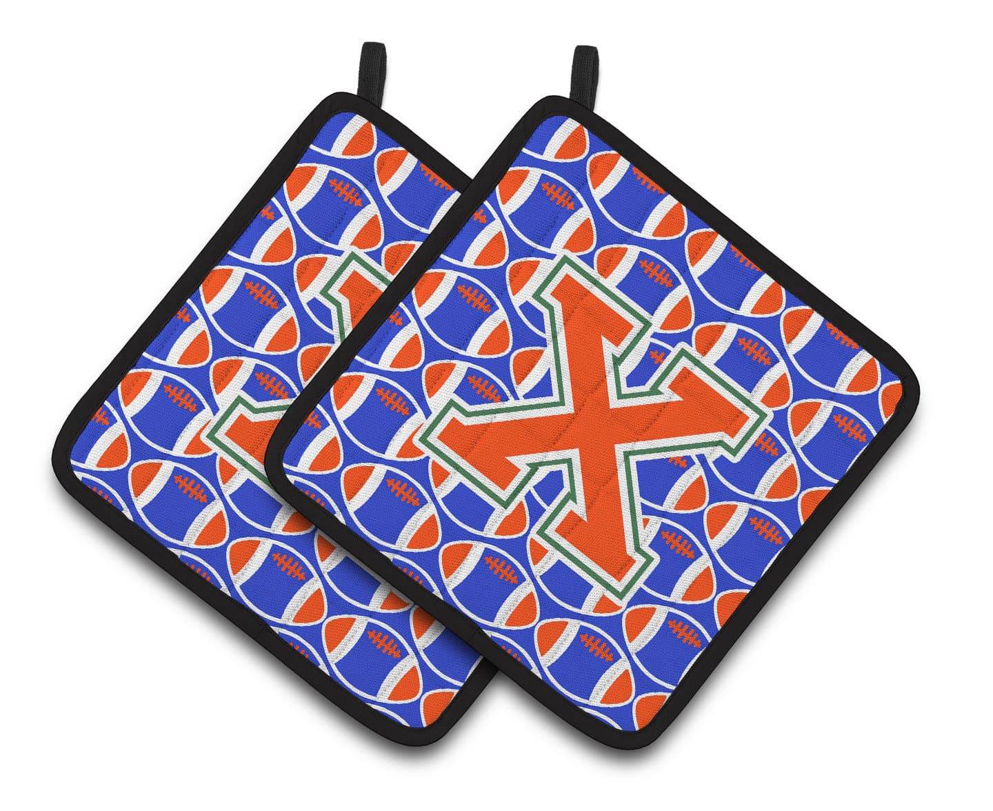 "Letter X Football Green, Blue and Orange Pair of Pot Holders CJ1083-XPTHD" - the-store.com