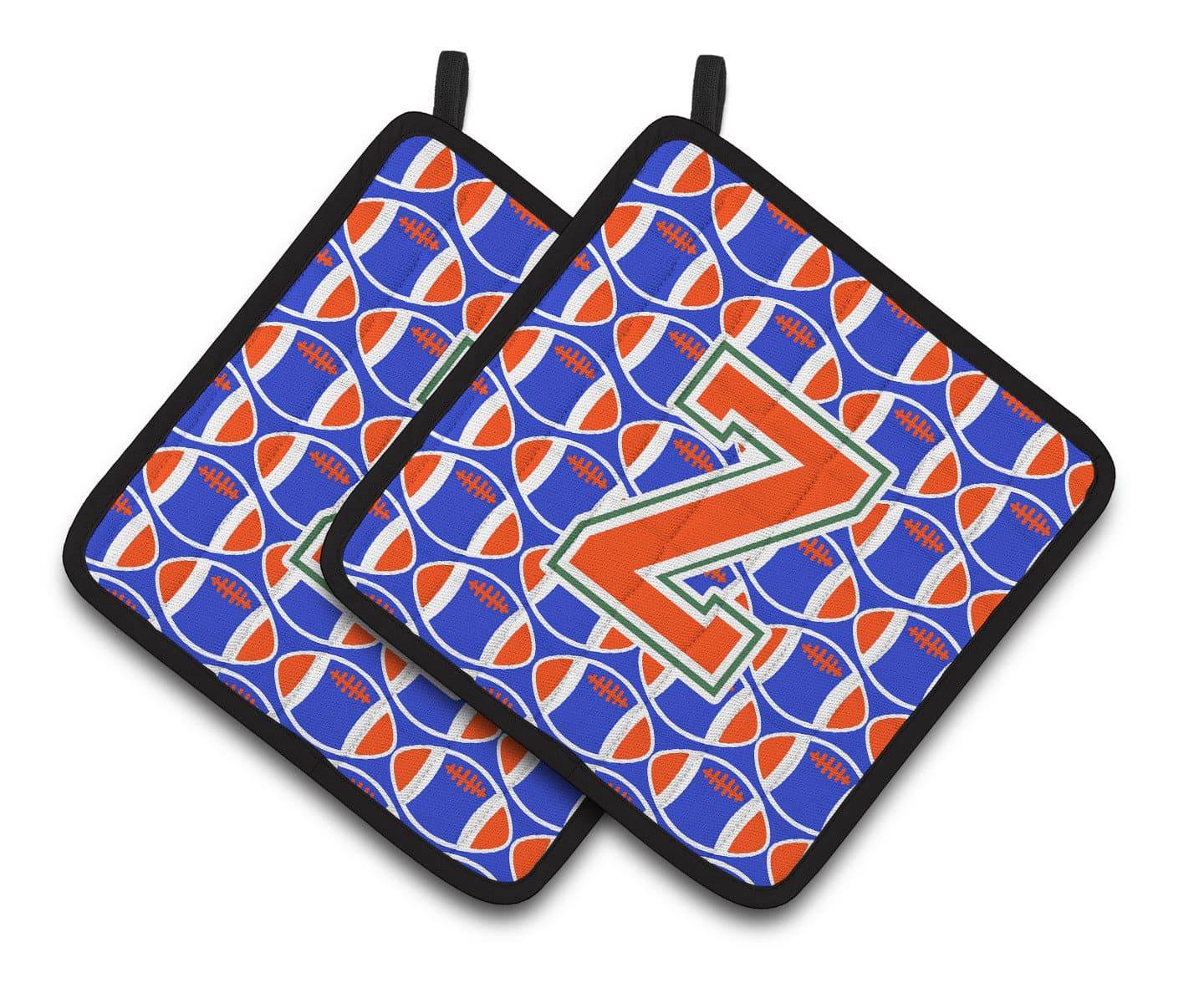 "Letter Z Football Green, Blue and Orange Pair of Pot Holders CJ1083-ZPTHD" - the-store.com