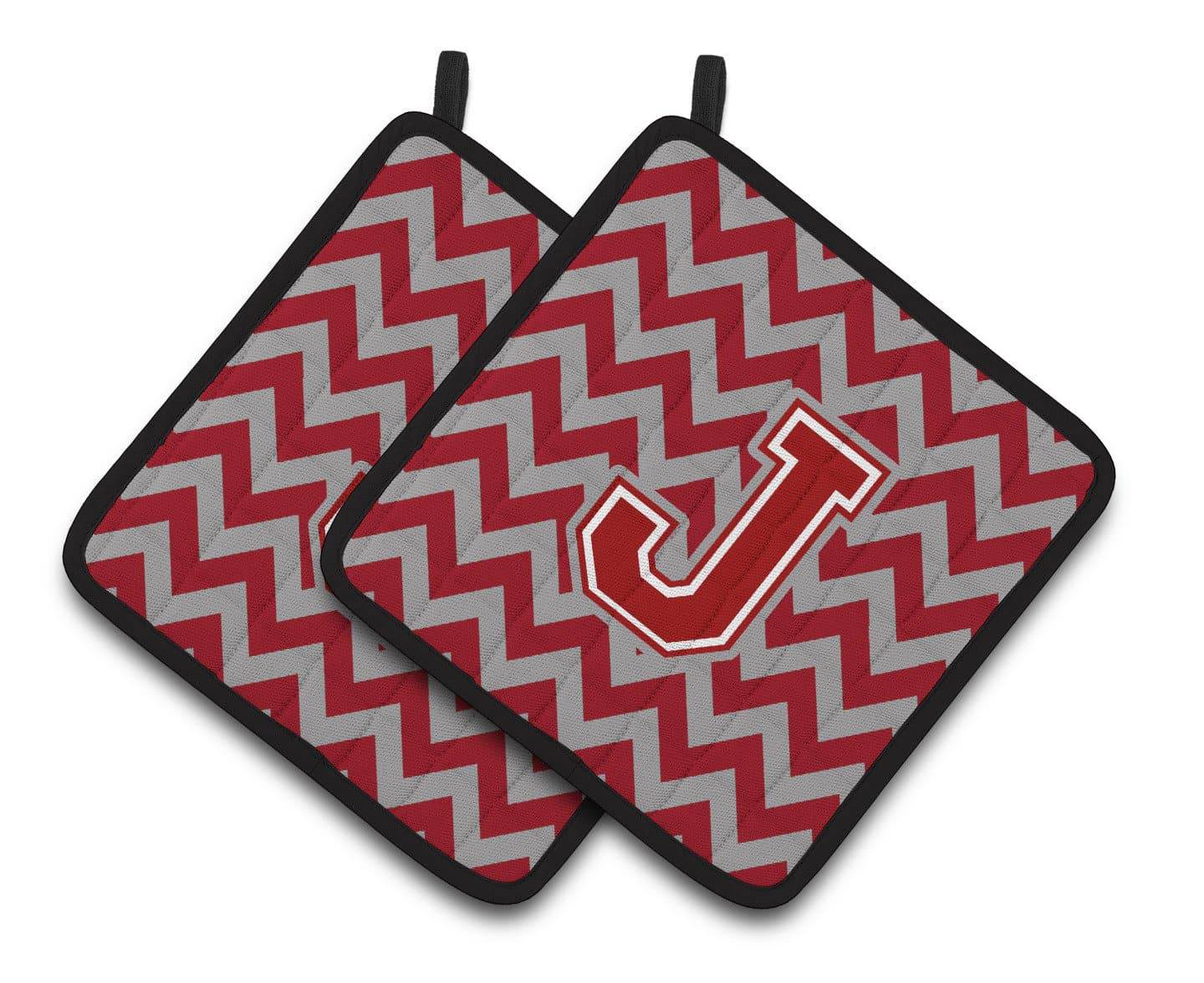 Letter J Chevron Maroon and White Pair of Pot Holders CJ1049-JPTHD - the-store.com