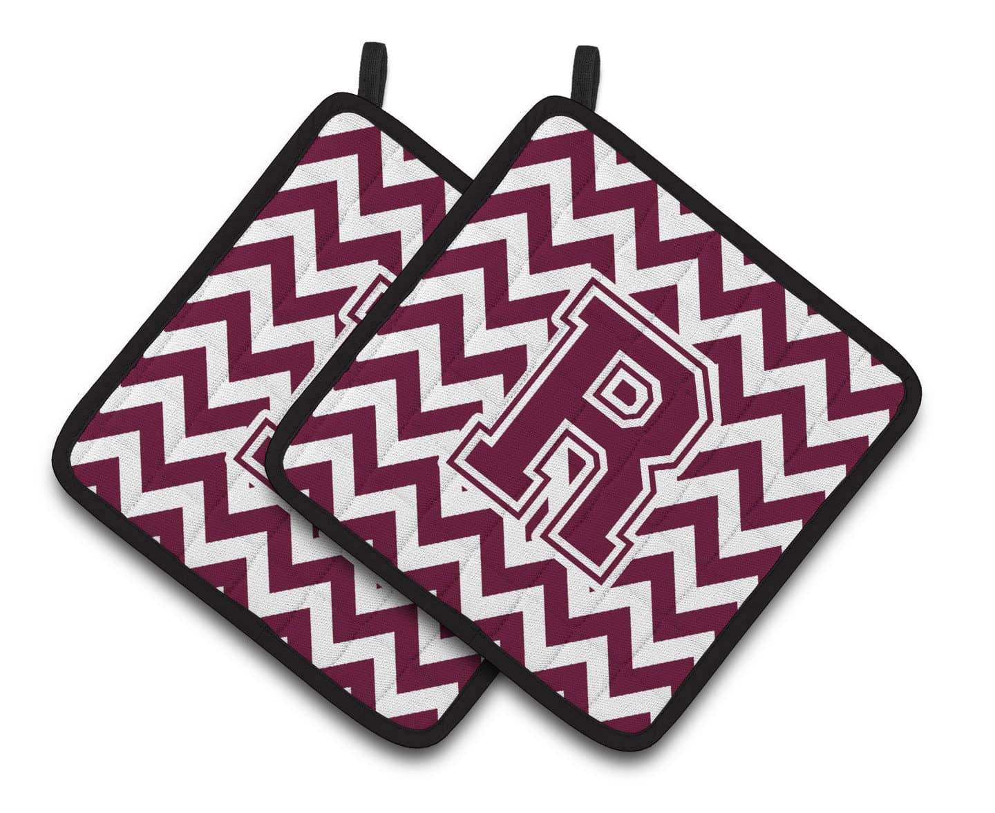 Letter R Chevron Maroon and White  Pair of Pot Holders CJ1051-RPTHD - the-store.com