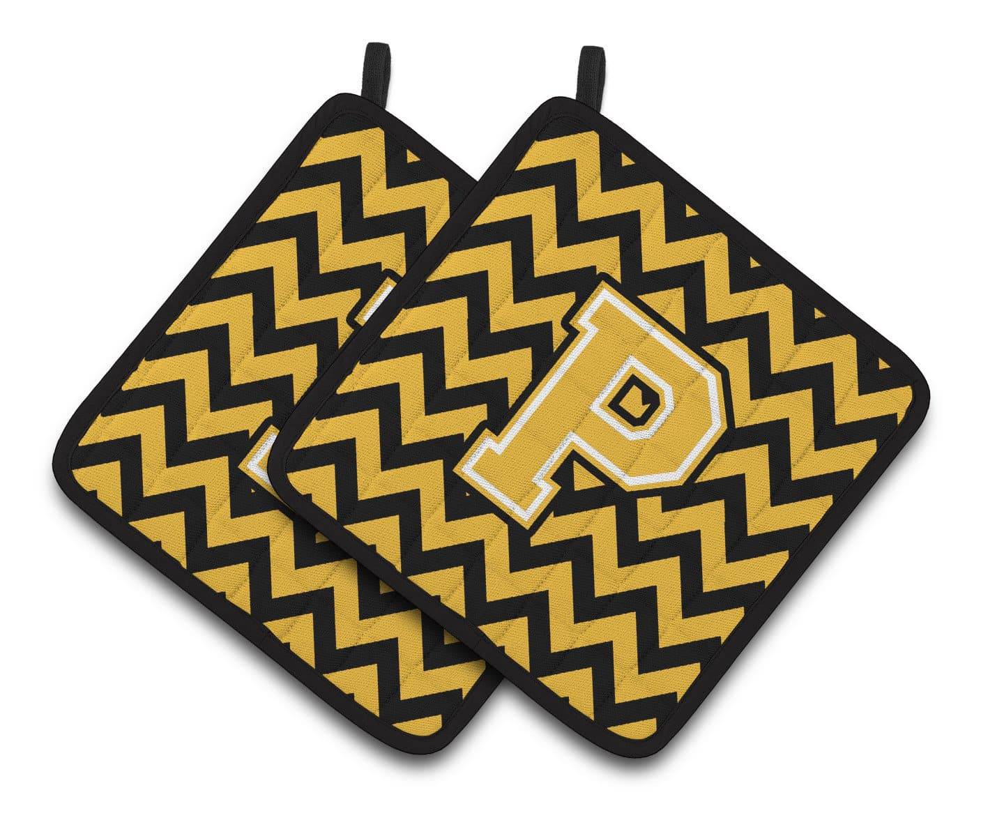 Letter P Chevron Black and Gold Pair of Pot Holders CJ1053-PPTHD - the-store.com
