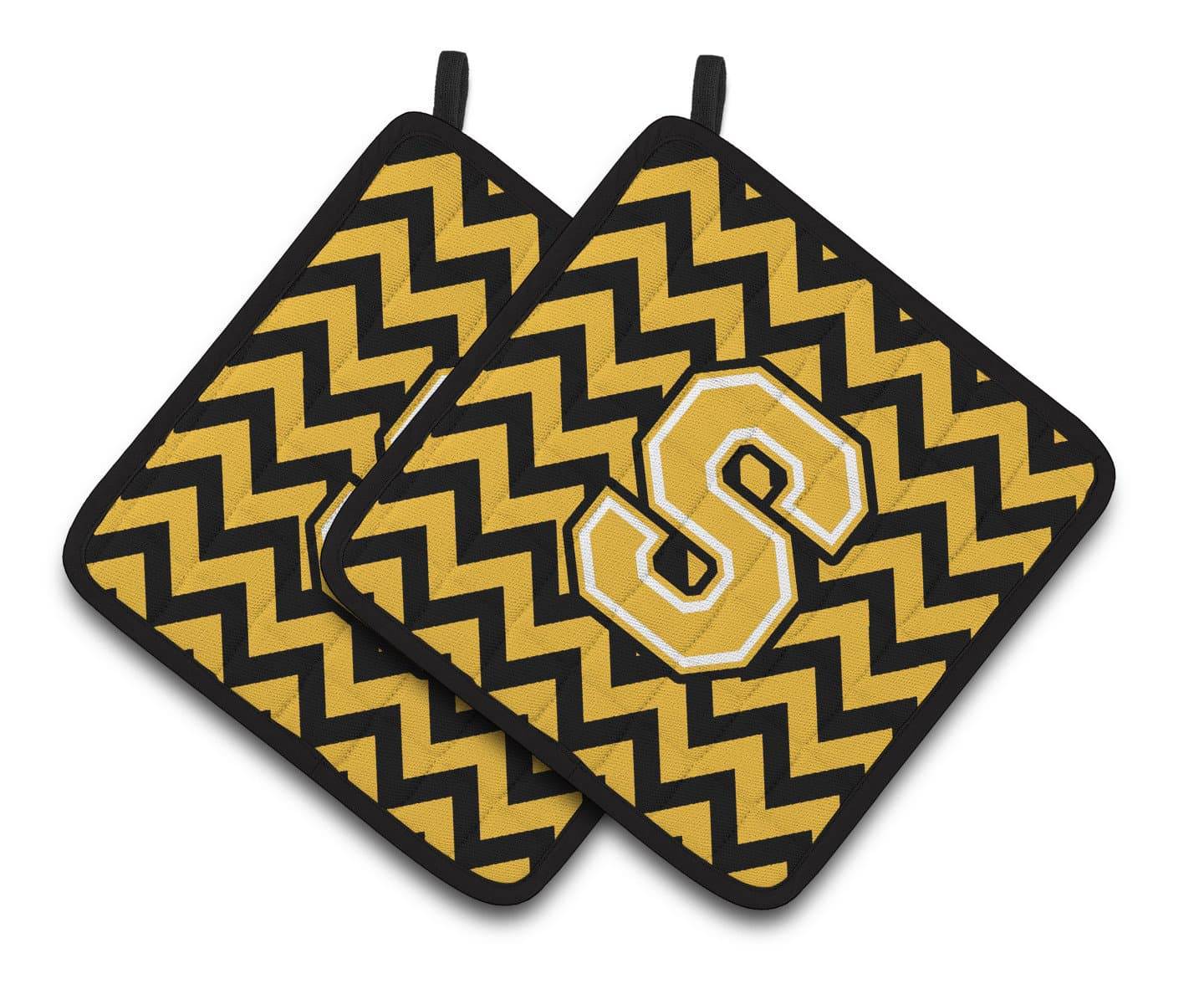 Letter S Chevron Black and Gold Pair of Pot Holders CJ1053-SPTHD - the-store.com