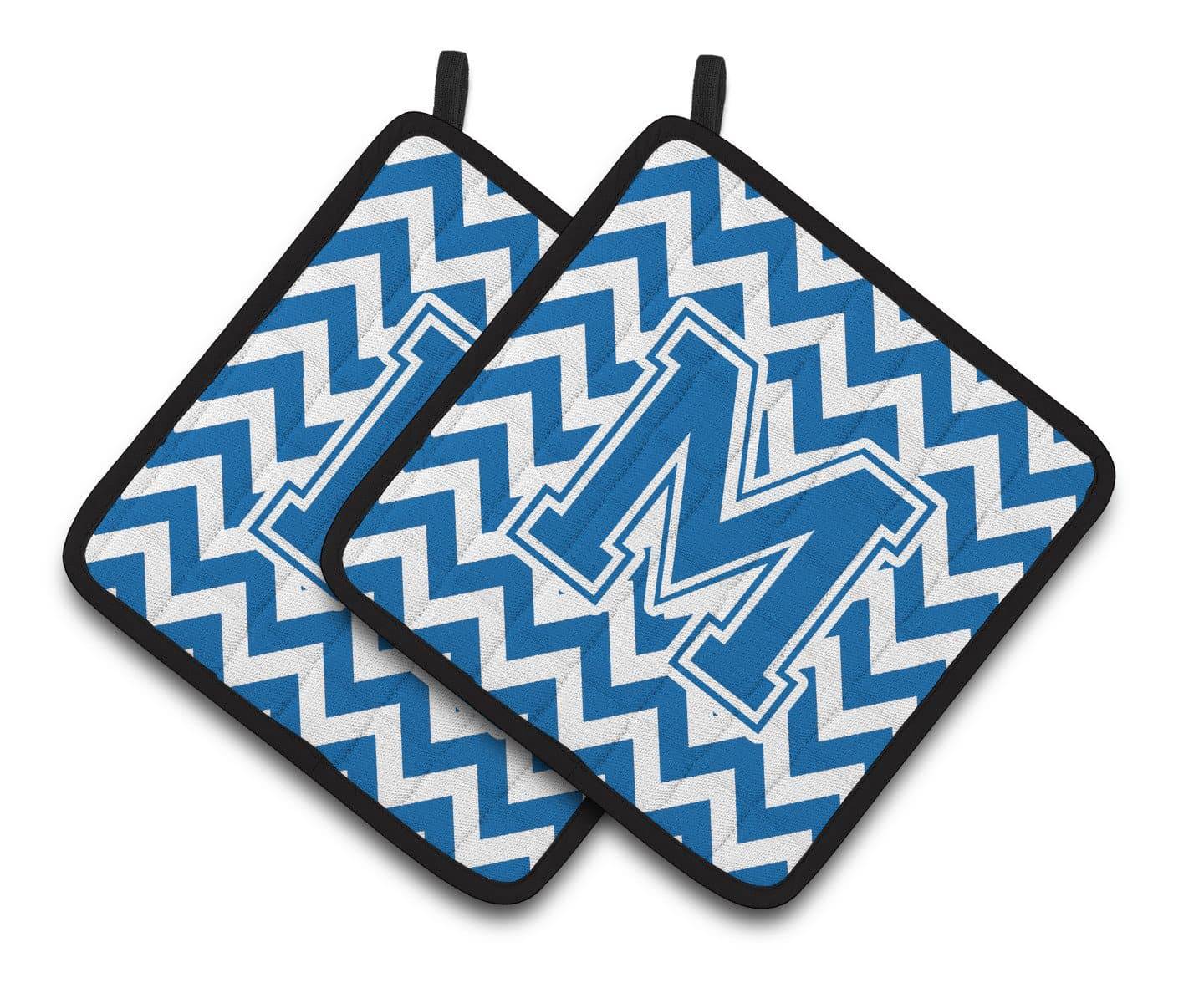 Letter M Chevron Blue and White Pair of Pot Holders CJ1056-MPTHD - the-store.com